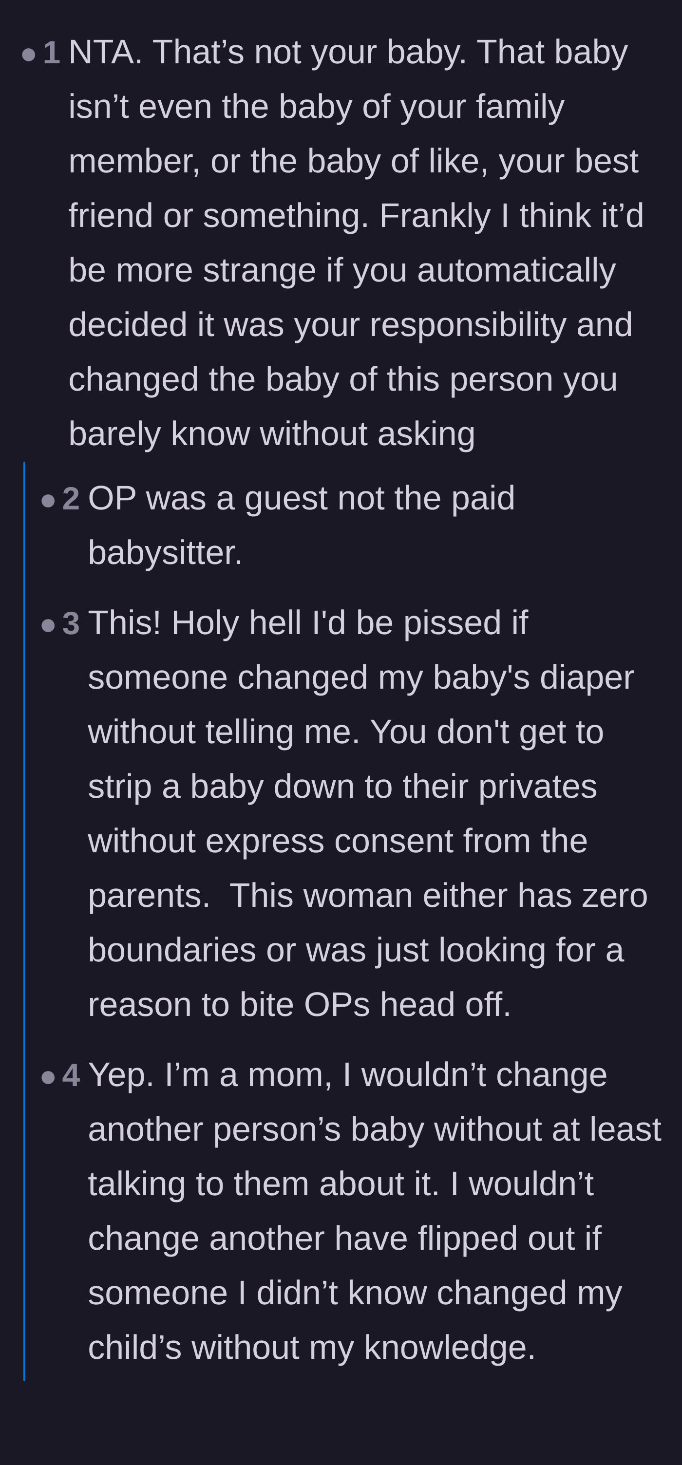 Comment thread 1 - Readers debating why changing a stranger's baby without permission is crossing a major line.