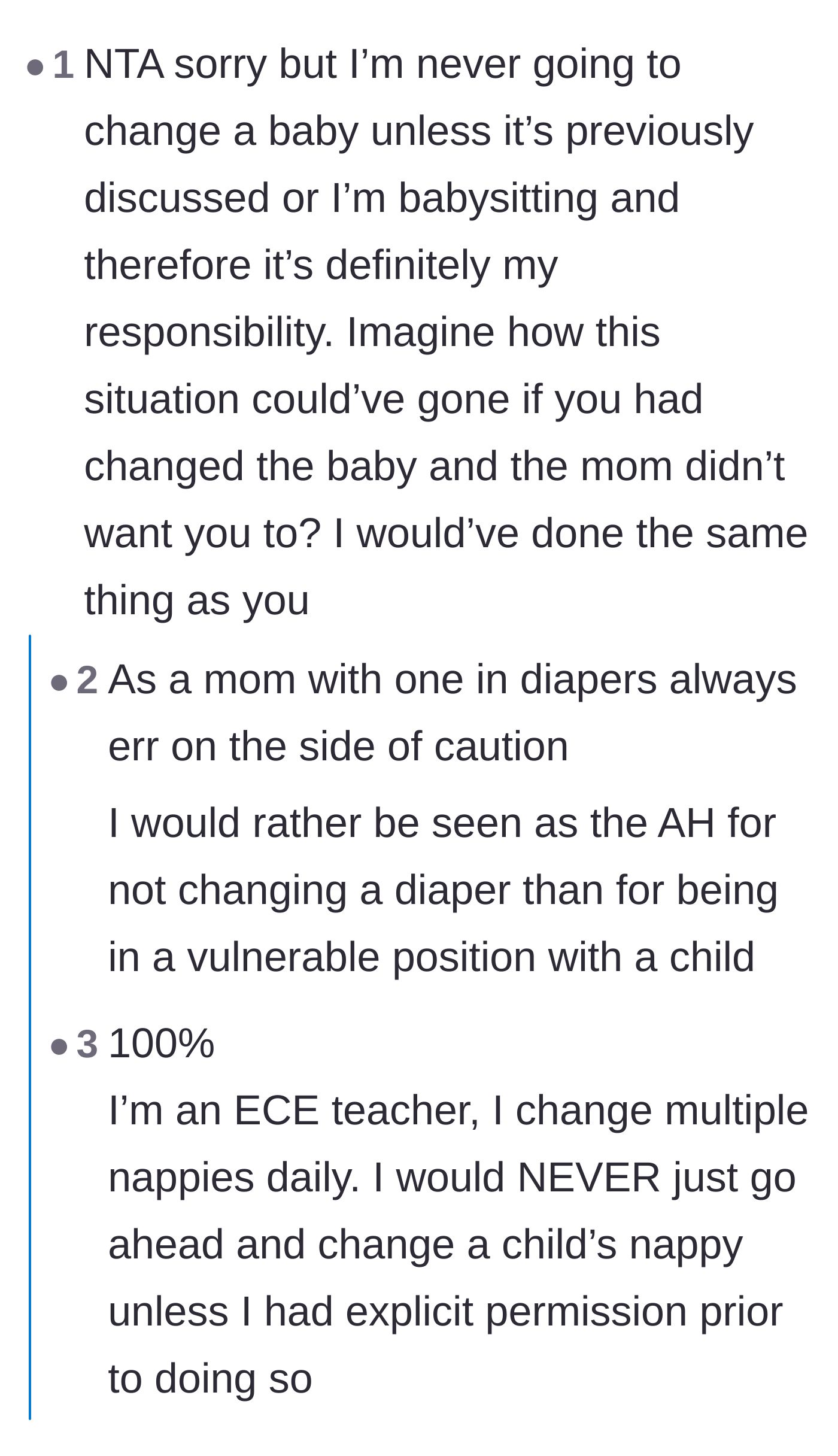 Comment thread 3 - Early childhood educators and parents sharing horror stories about creepy relatives changing babies without consent.