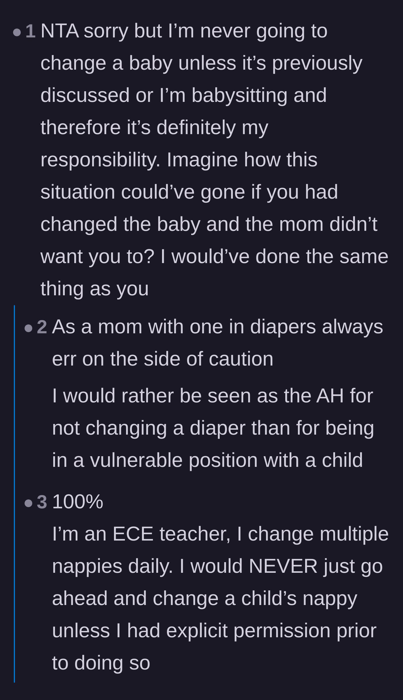 Comment thread 3 - Early childhood educators and parents sharing horror stories about creepy relatives changing babies without consent.