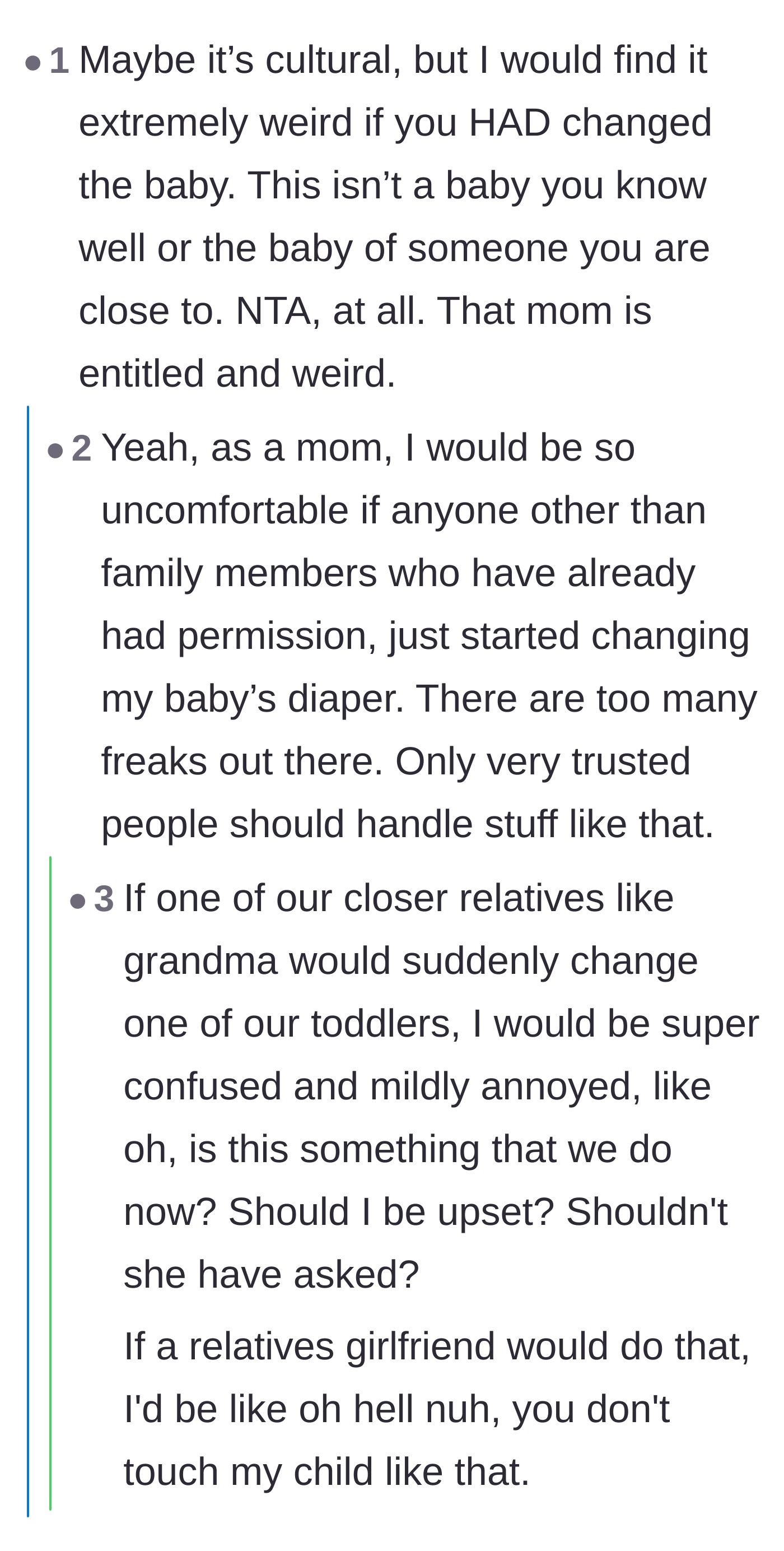 Comment thread 4 - Parents explaining how uncomfortable and confused they would be if a new girlfriend changed their toddler's diaper.