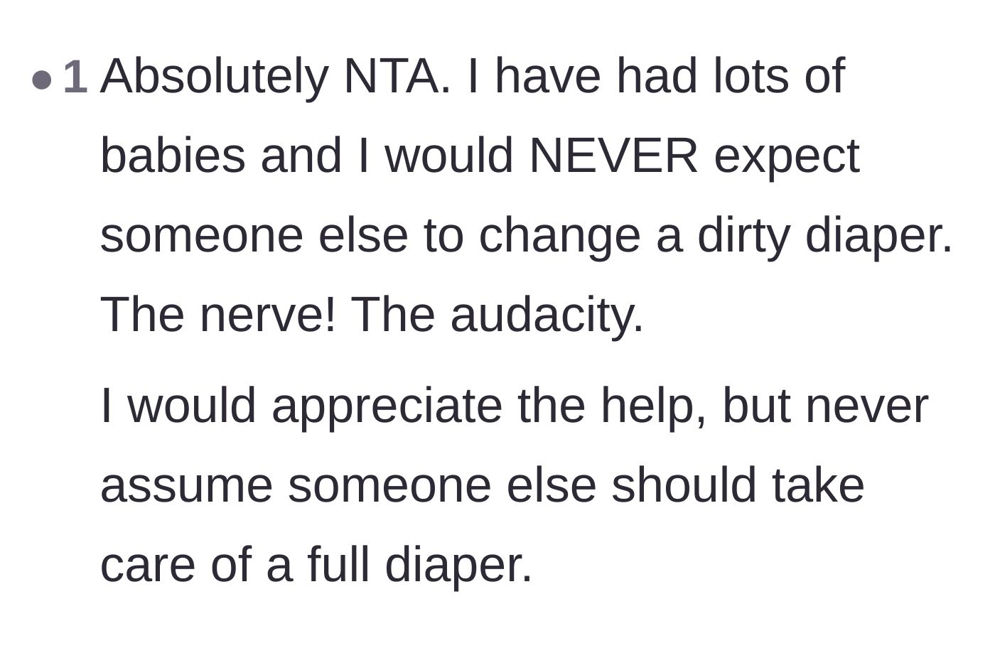 Comment thread 5 - A short comment from a parent calling out the sheer audacity of expecting guests to handle dirty diapers.