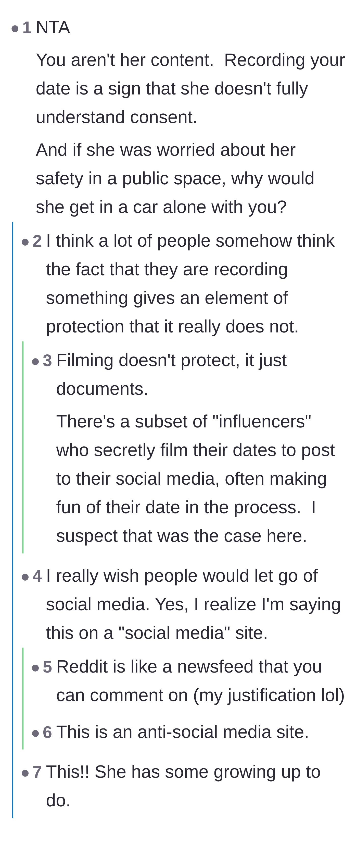 Comment thread 1 - Discussion on how secretly filming on a date is for generating online content, not personal protection.