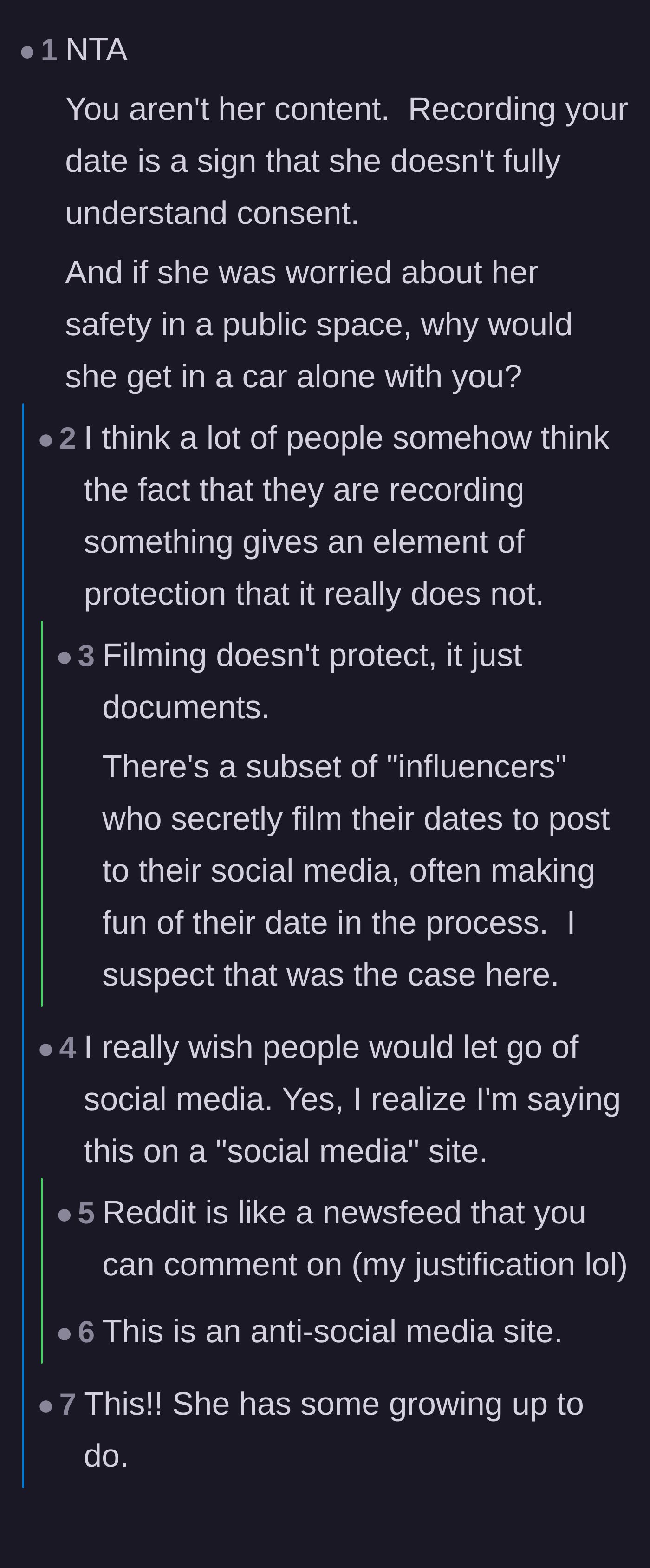 Comment thread 1 - Discussion on how secretly filming on a date is for generating online content, not personal protection.