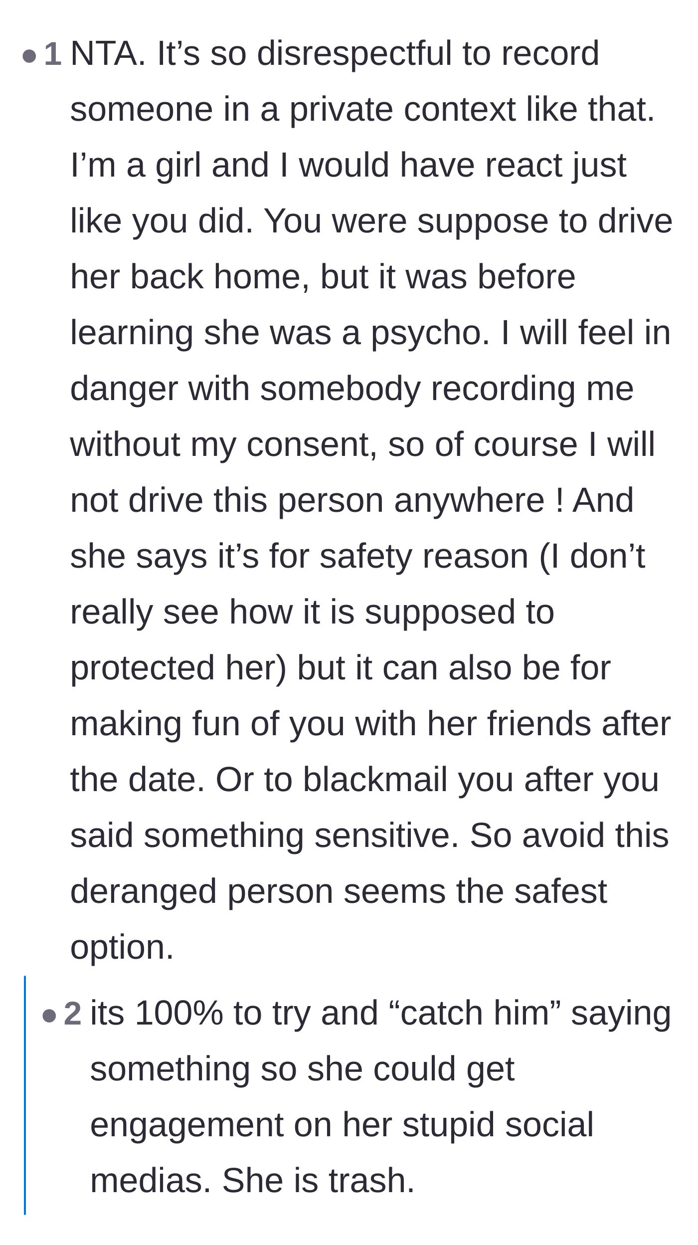 Comment thread 3 - A woman agreeing that walking out and refusing to give a ride home is the only logical response to a boundary violation.