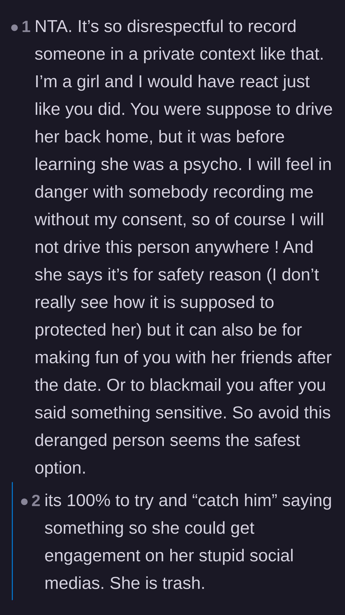 Comment thread 3 - A woman agreeing that walking out and refusing to give a ride home is the only logical response to a boundary violation.