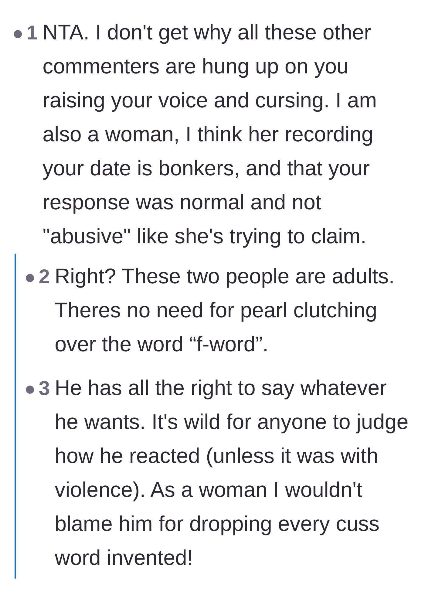 Comment thread 4 - A thread calling out the hypocrisy of judging the man for swearing instead of focusing on the woman's invasive recording.
