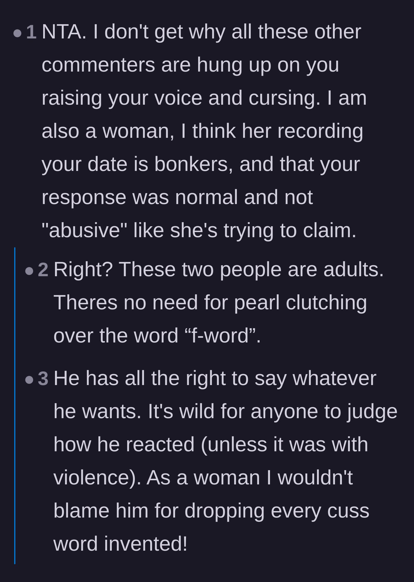 Comment thread 4 - A thread calling out the hypocrisy of judging the man for swearing instead of focusing on the woman's invasive recording.