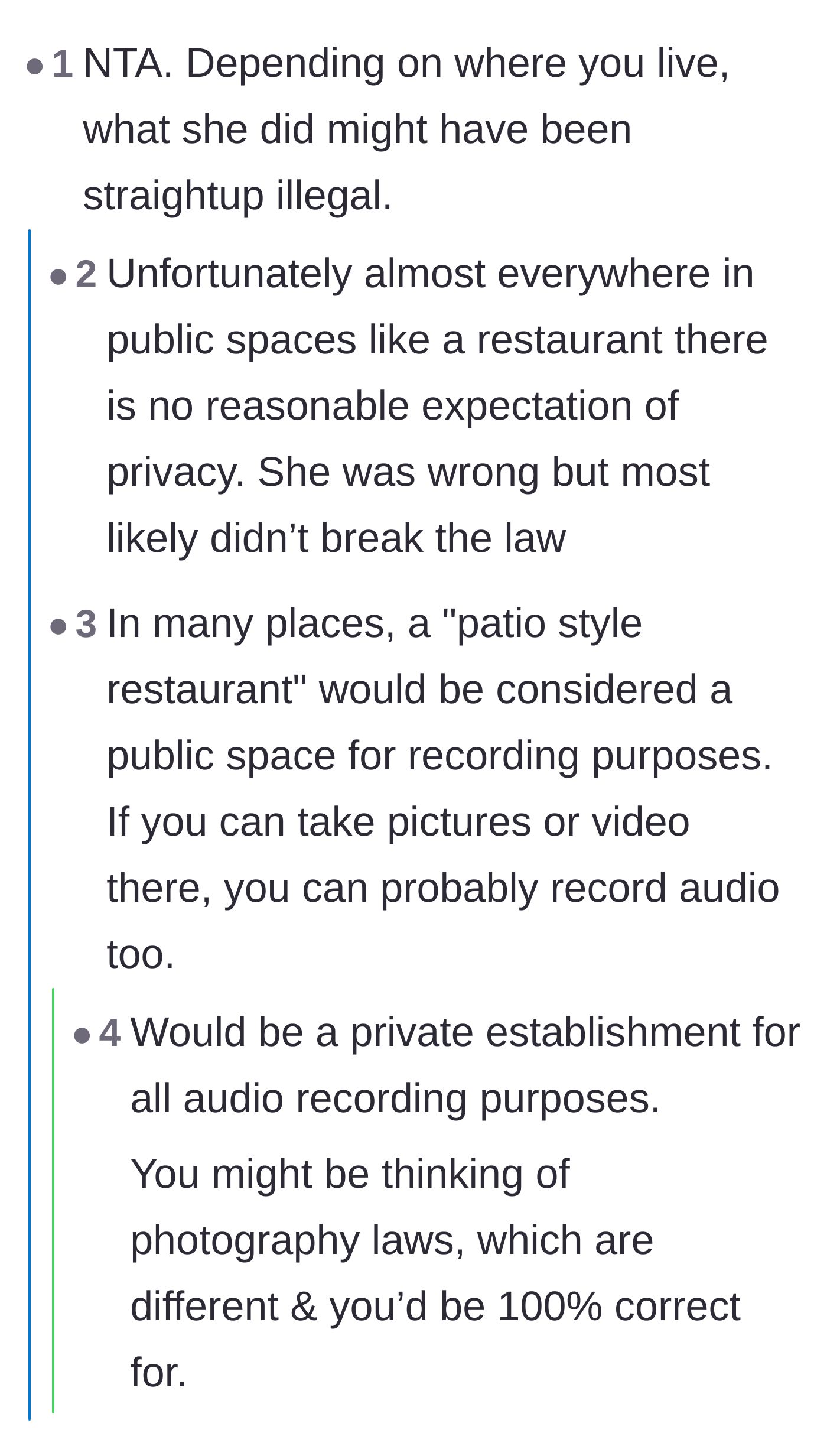 Comment thread 5 - A debate over whether a patio restaurant legally counts as a public space where audio recording is permissible.