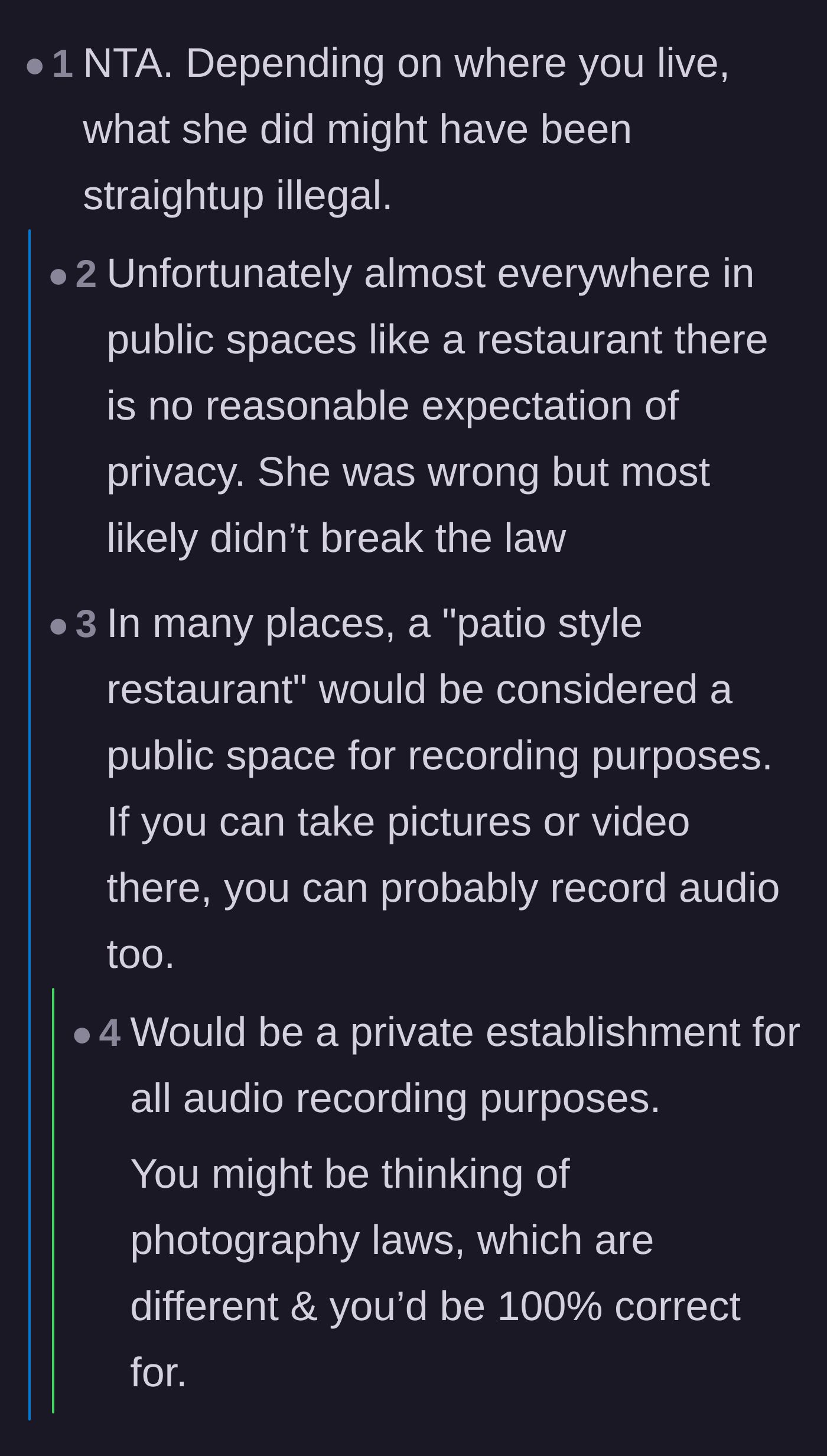 Comment thread 5 - A debate over whether a patio restaurant legally counts as a public space where audio recording is permissible.