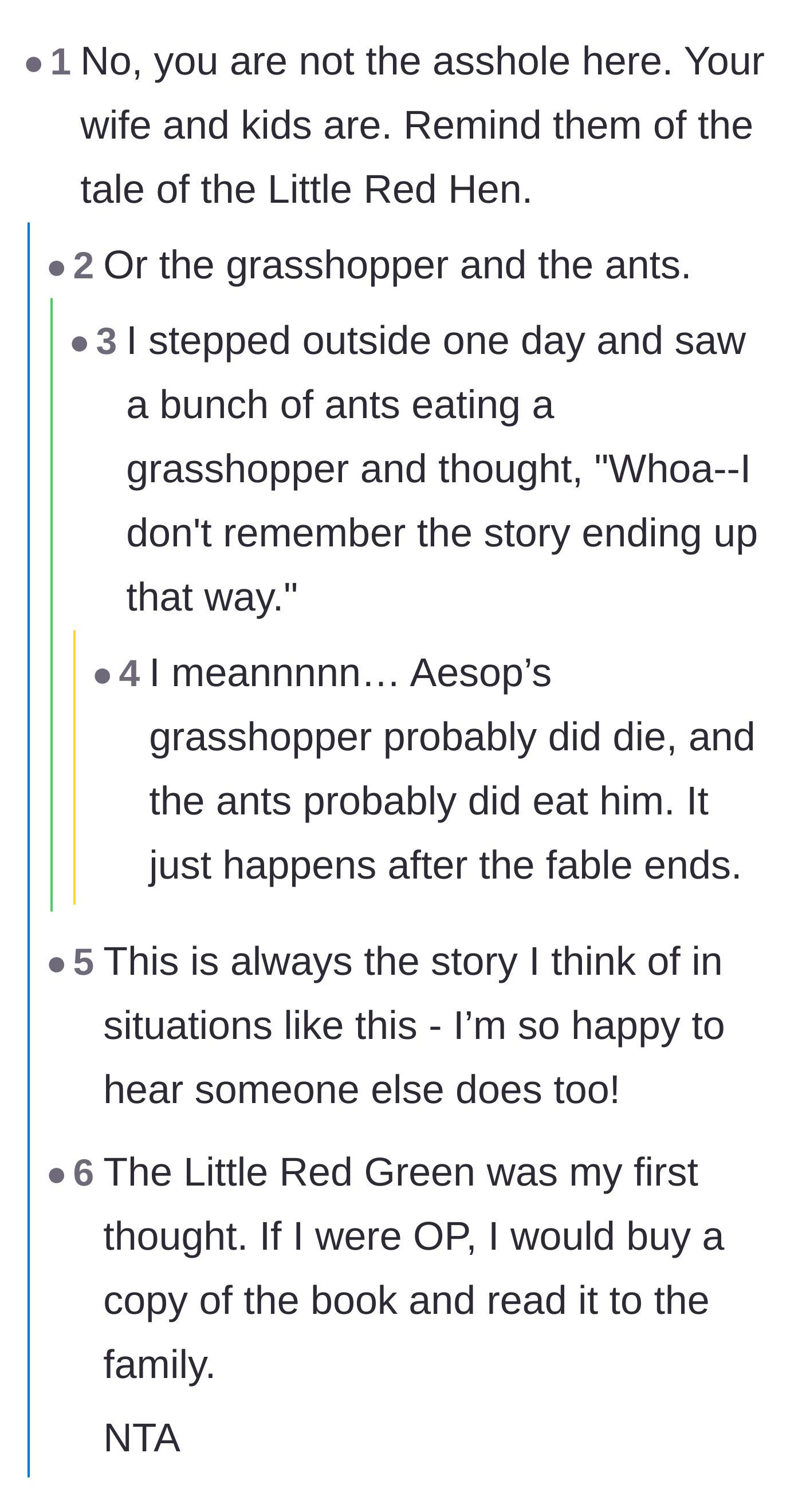 Comment thread 2 - A discussion comparing the wife and younger kids to the lazy characters in classic childhood fables.