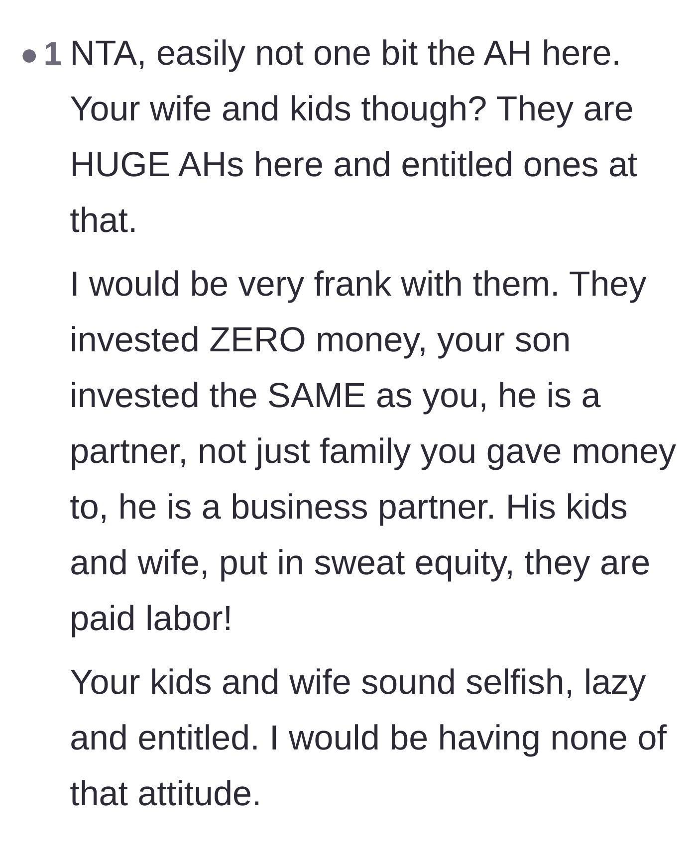 Comment thread 4 - A commenter clearly defining the son as a legal business partner rather than just a relative receiving a financial gift.