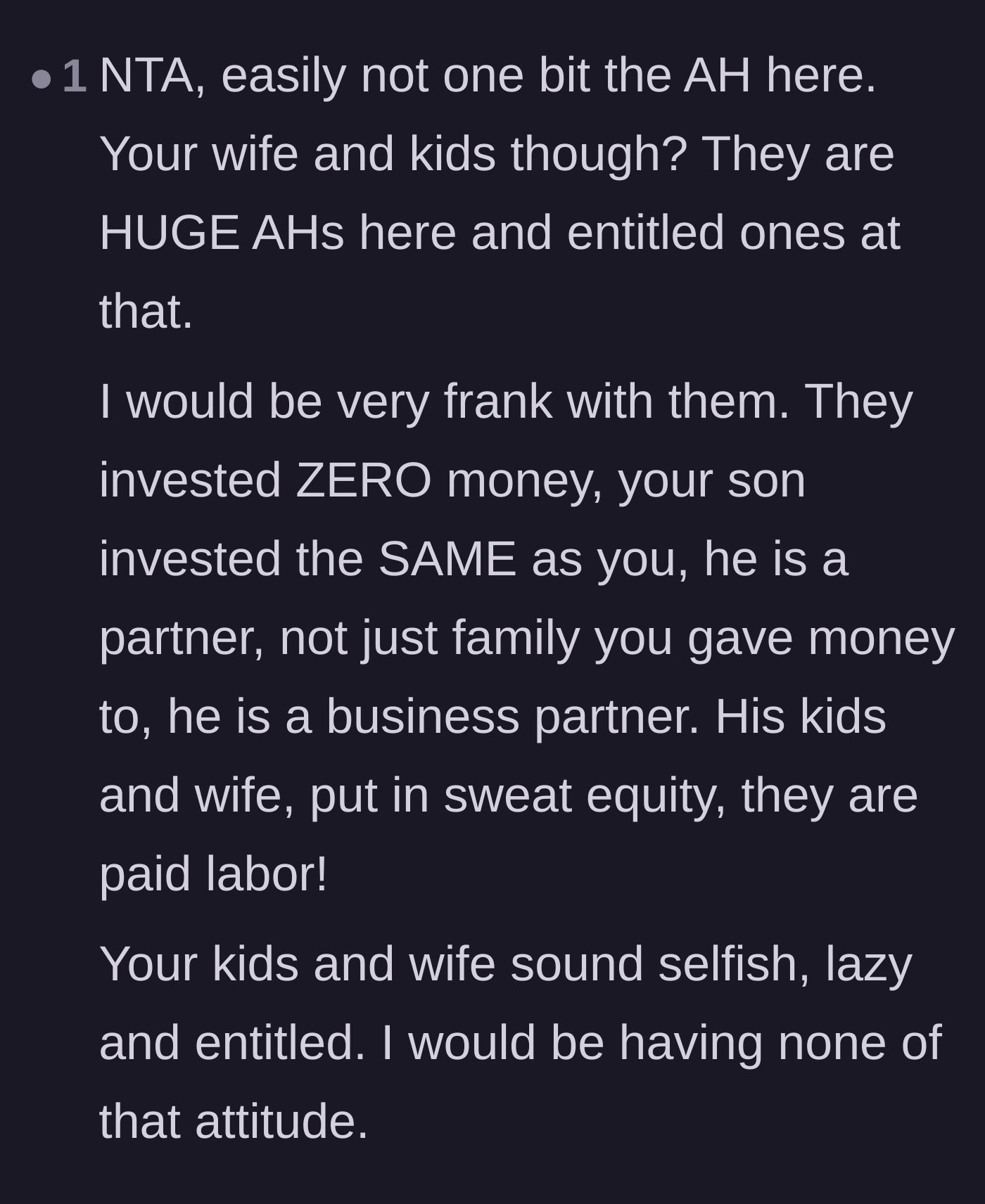 Comment thread 4 - A commenter clearly defining the son as a legal business partner rather than just a relative receiving a financial gift.