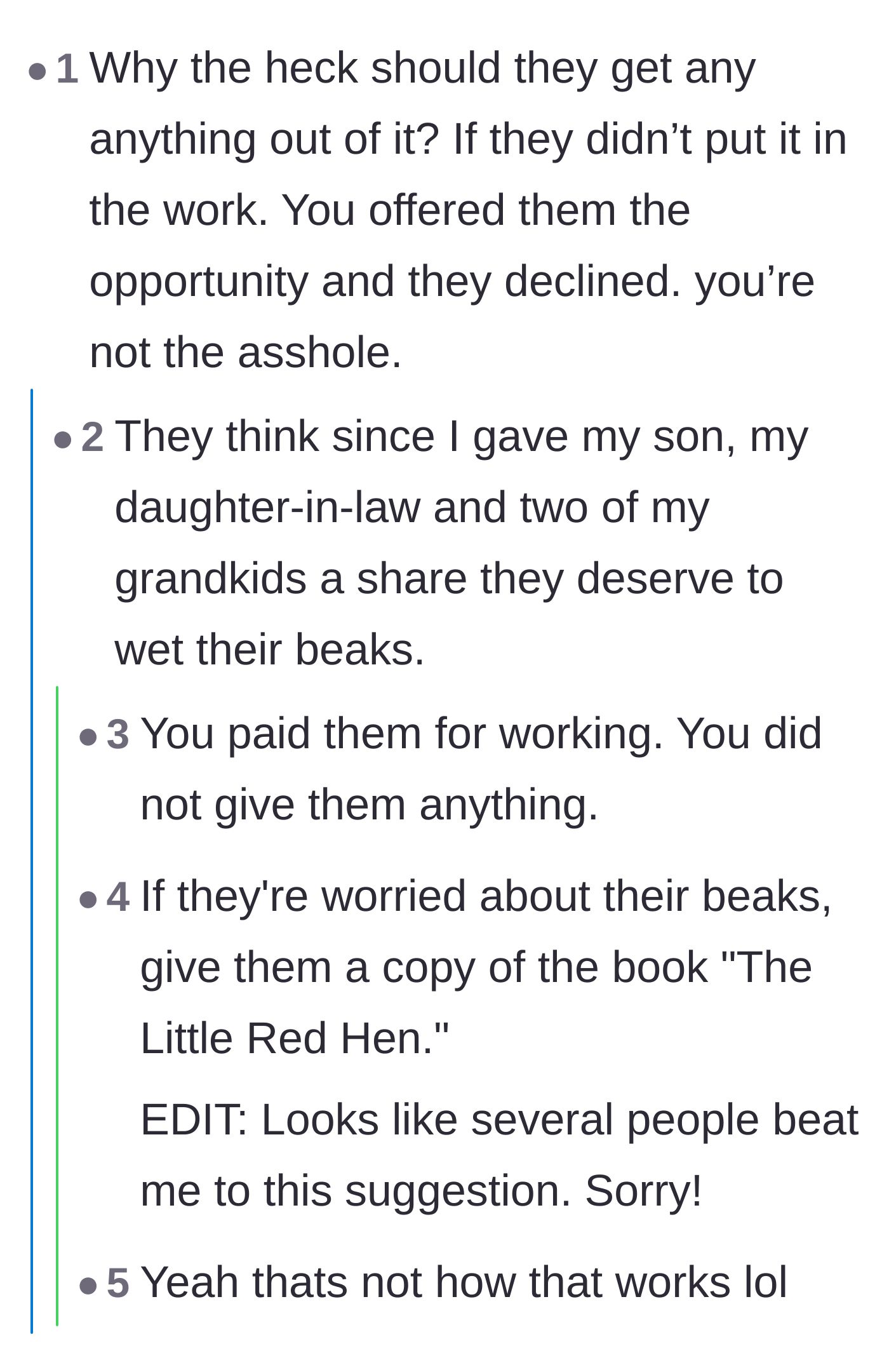Comment thread 6 - A blunt reality check emphasizing that the working family members were paid a wage, not given a random cash handout.