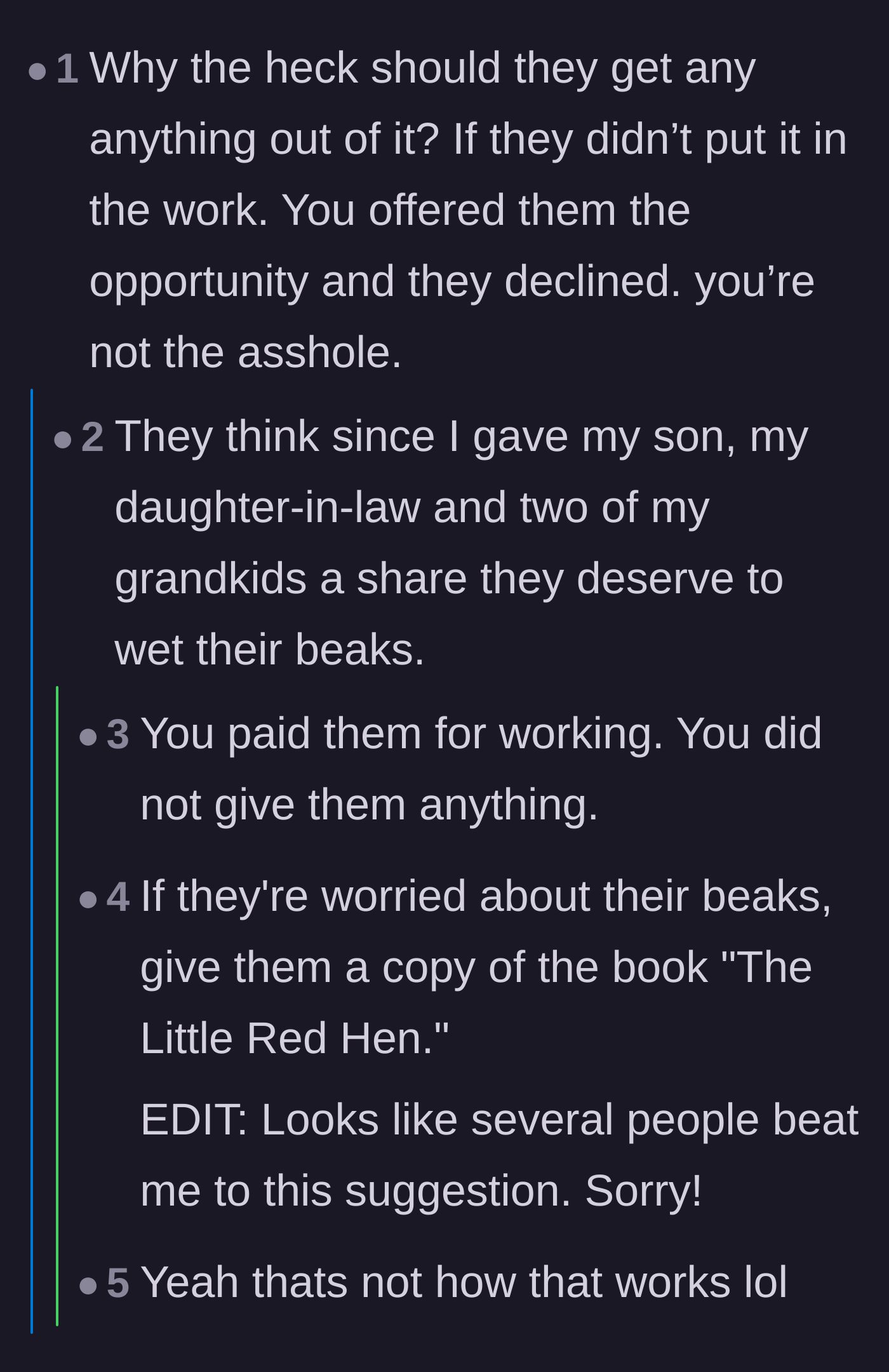 Comment thread 6 - A blunt reality check emphasizing that the working family members were paid a wage, not given a random cash handout.