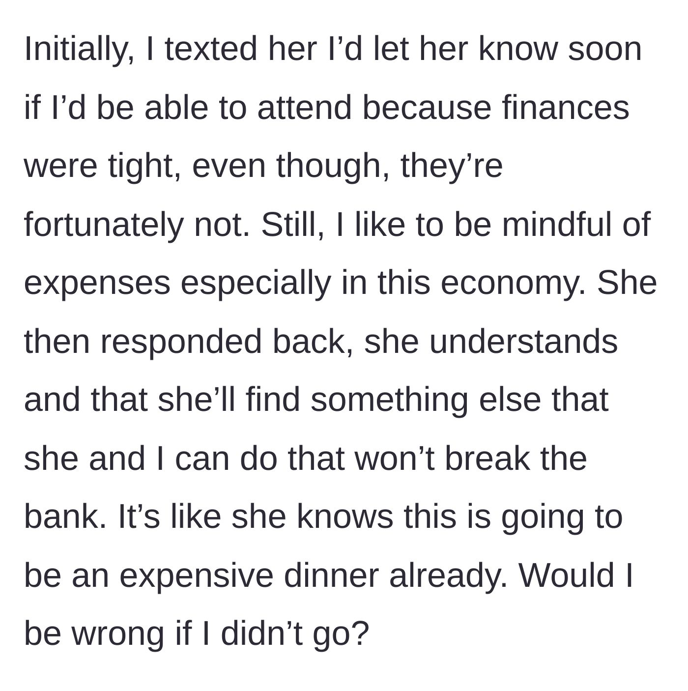 Story part 4 - The author texts that finances are tight, and the birthday girl immediately suggests a cheaper alternative for just the two of them.