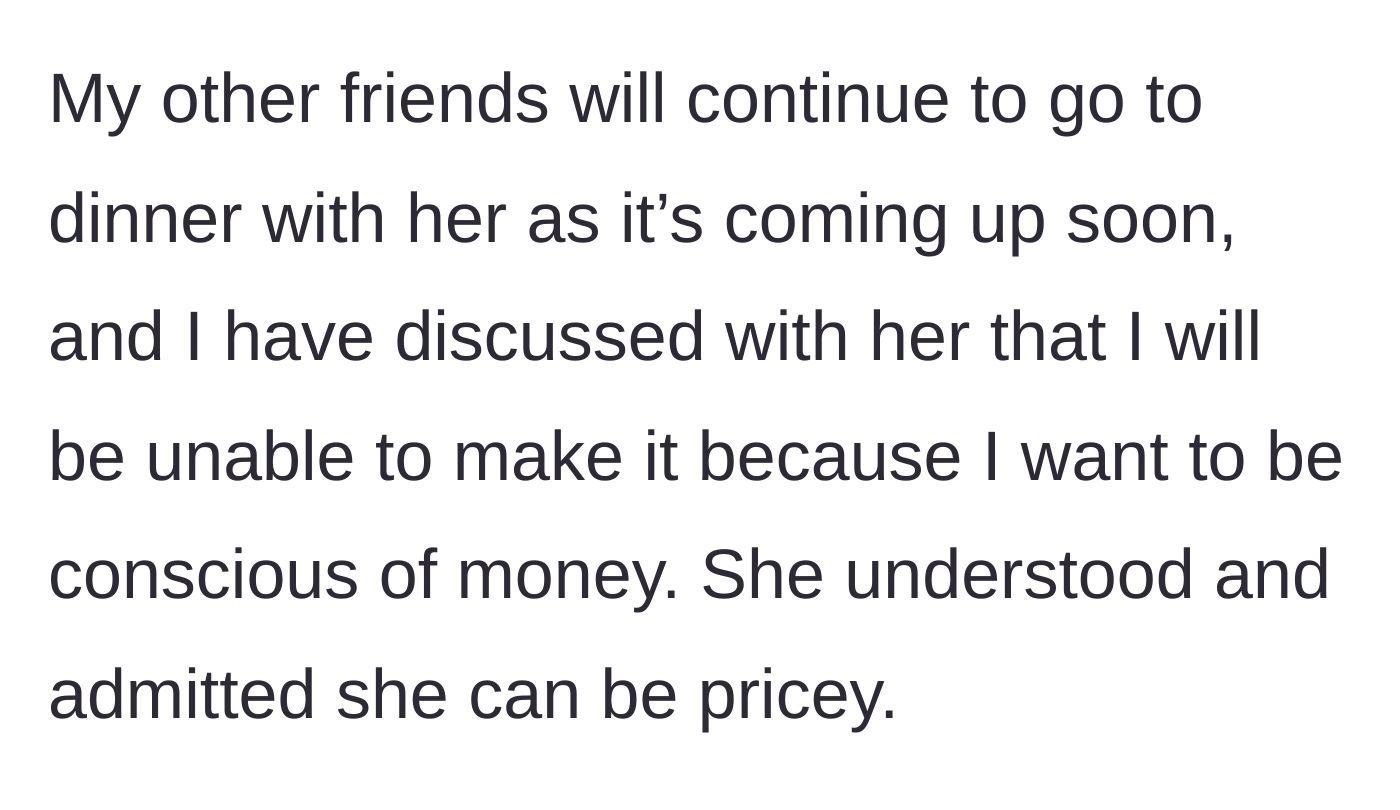 Story part 6 - The author officially skips the dinner, and the birthday girl admits she has expensive taste.