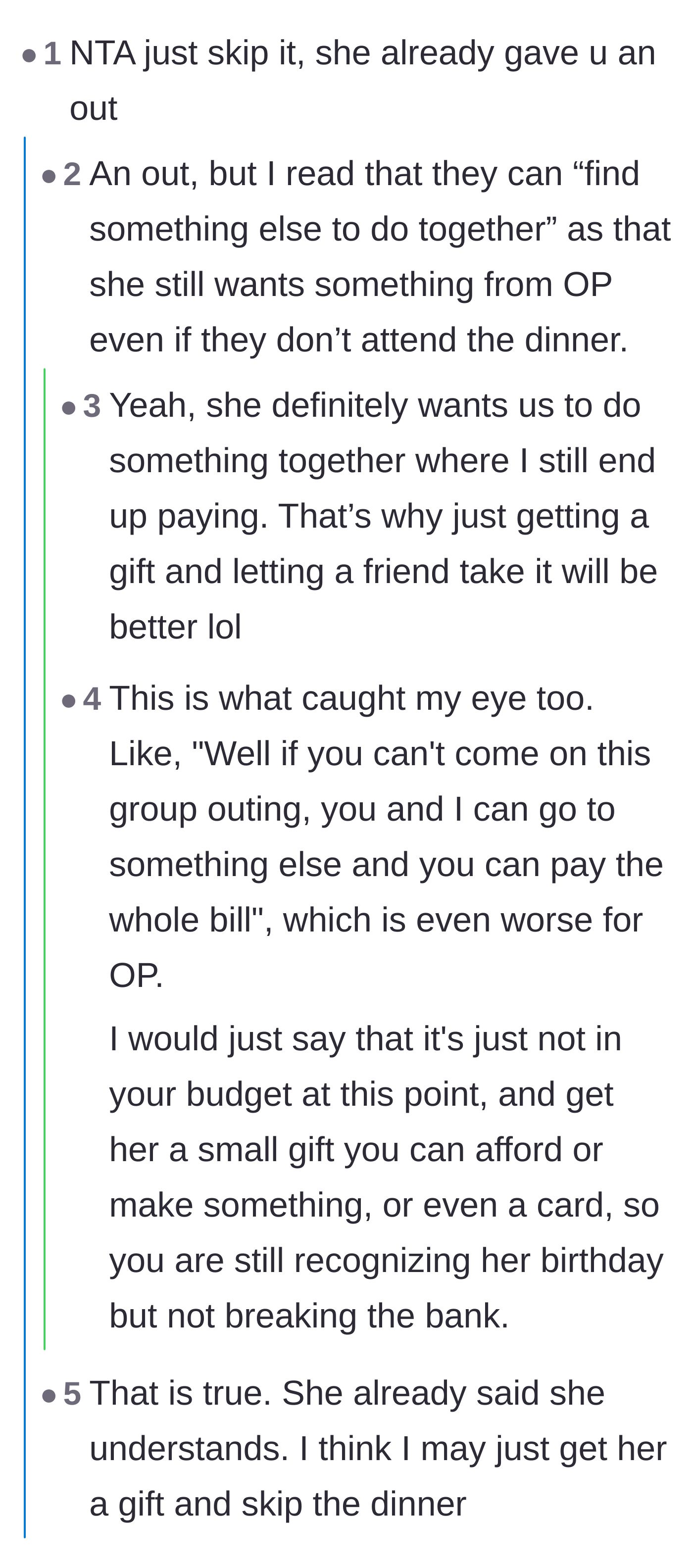 Comment thread 2 - Readers dissecting the birthday girl's offer to do a separate, cheaper dinner one-on-one with the author.
