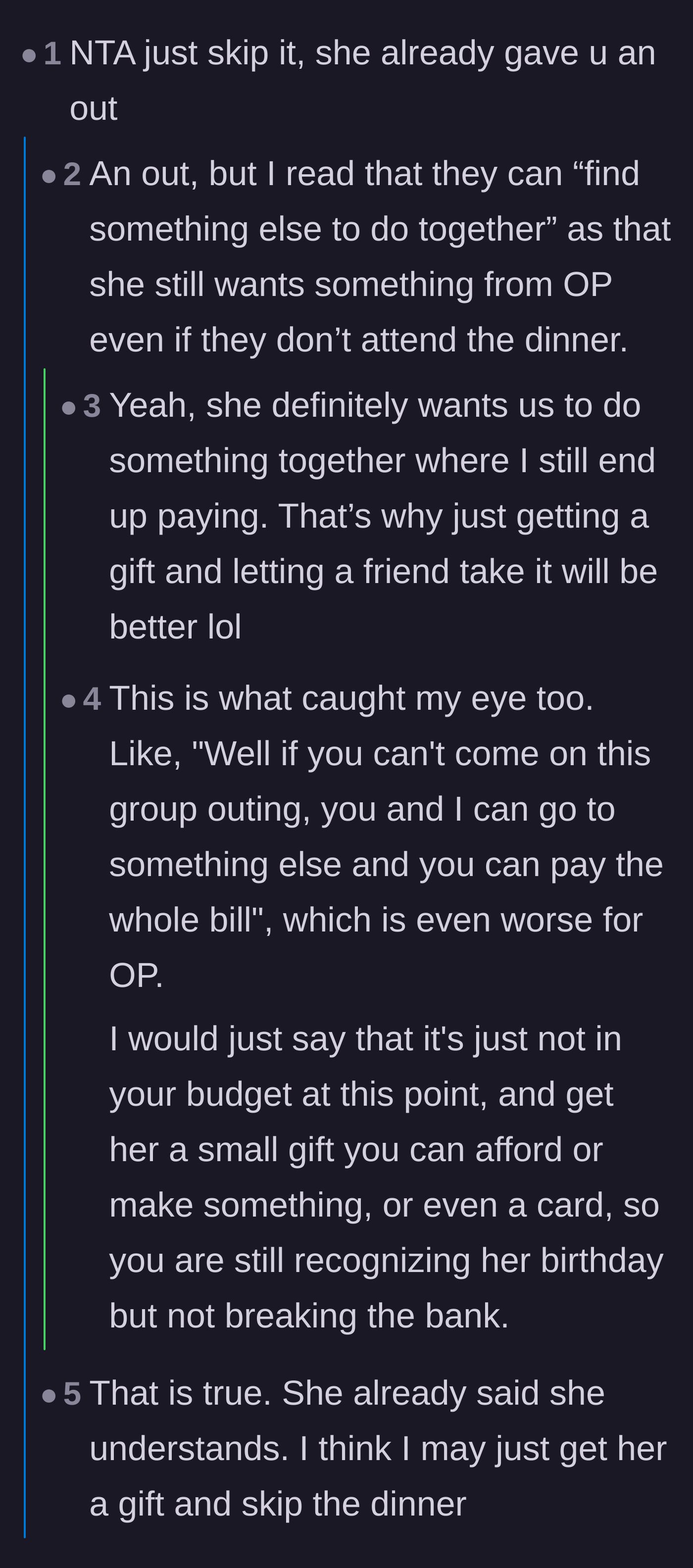 Comment thread 2 - Readers dissecting the birthday girl's offer to do a separate, cheaper dinner one-on-one with the author.