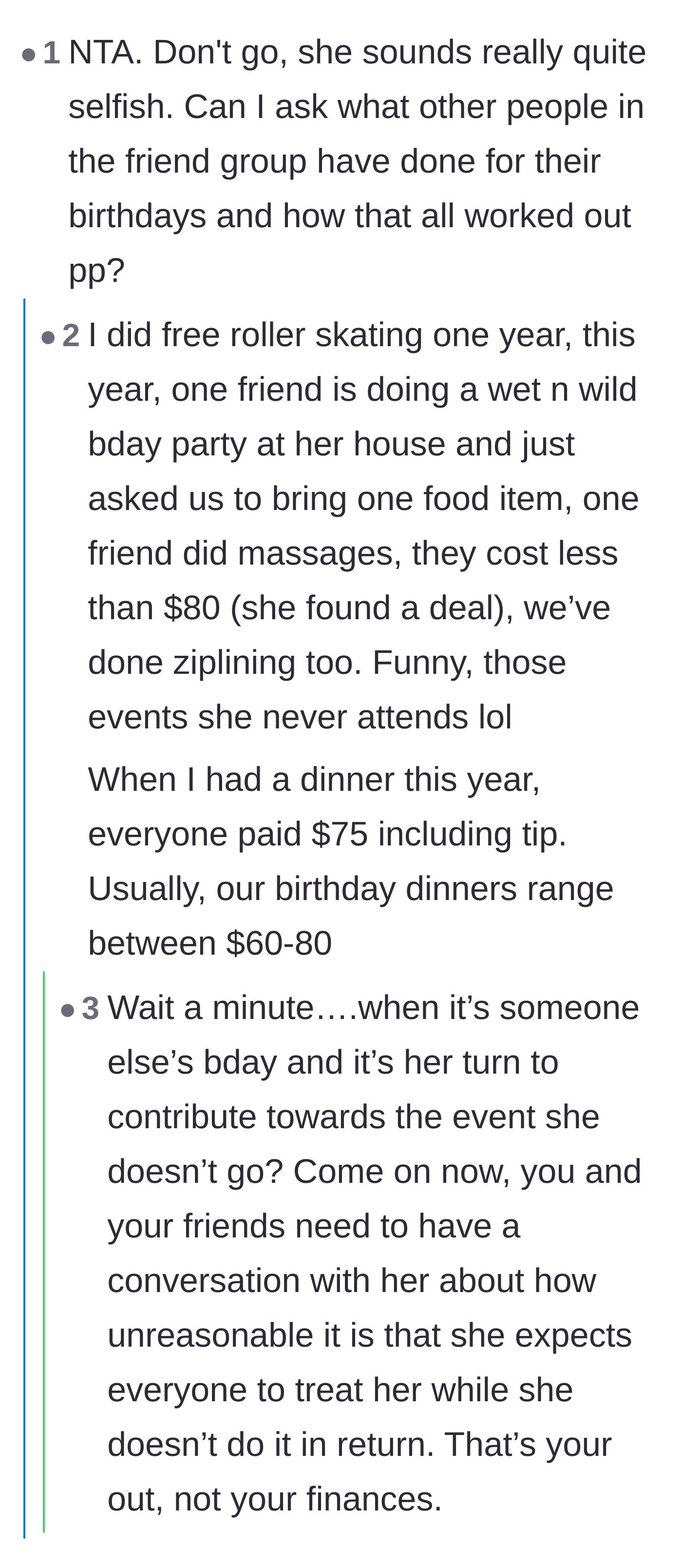Comment thread 4 - The author reveals the birthday girl conveniently skips other people's birthdays, and commenters are stunned by the hypocrisy.