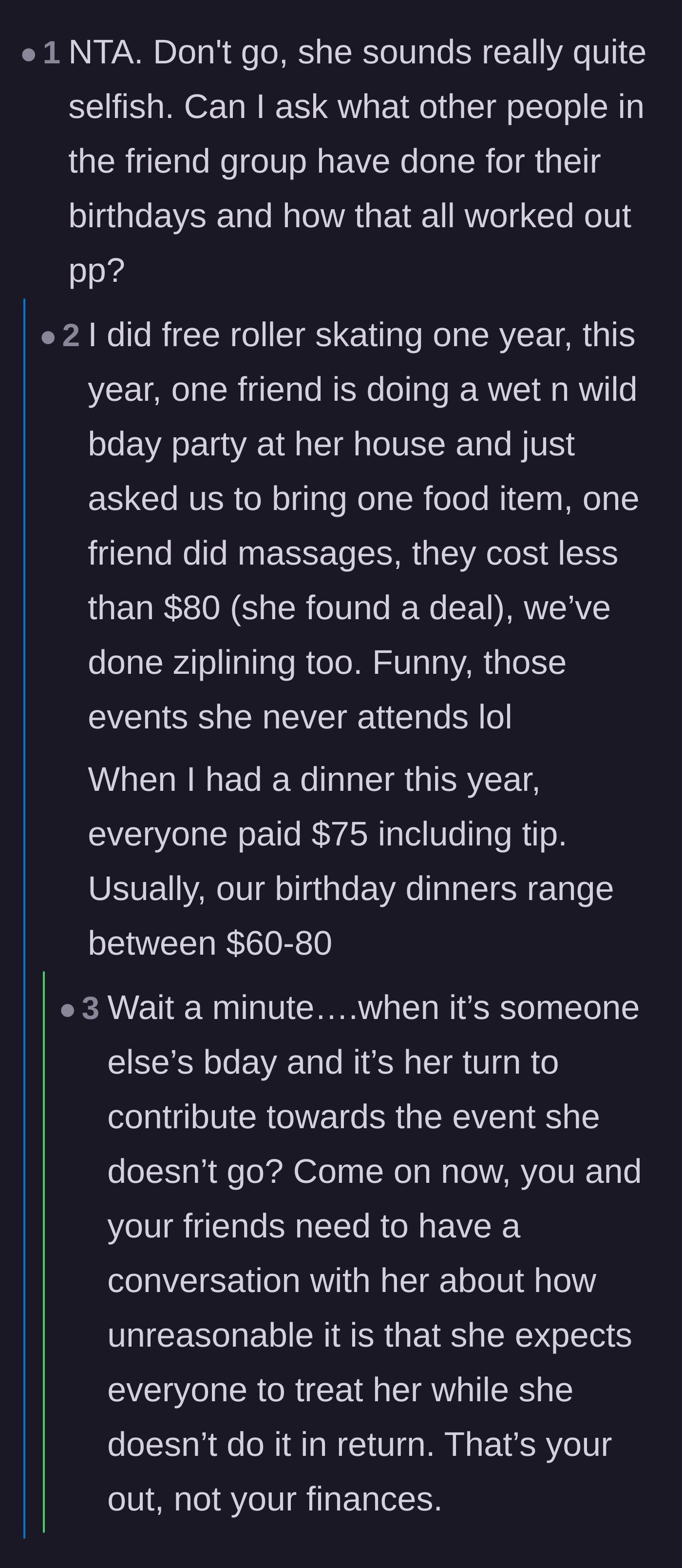 Comment thread 4 - The author reveals the birthday girl conveniently skips other people's birthdays, and commenters are stunned by the hypocrisy.
