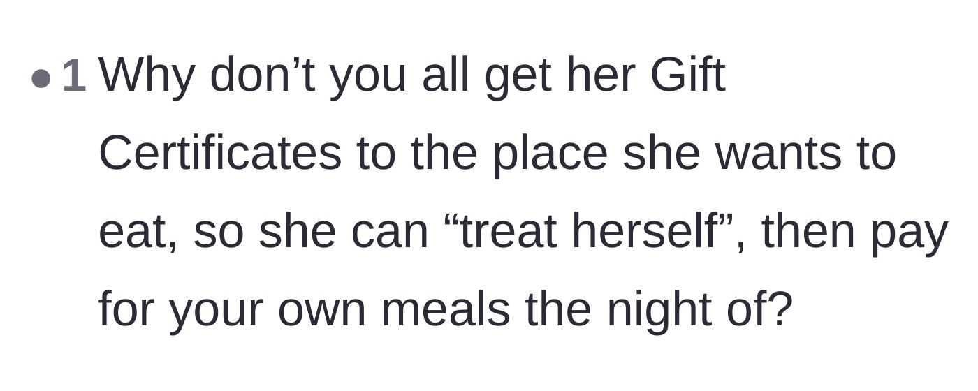 Comment thread 5 - A user suggests giving the birthday girl a gift card so she can pay the difference for her expensive tastes.