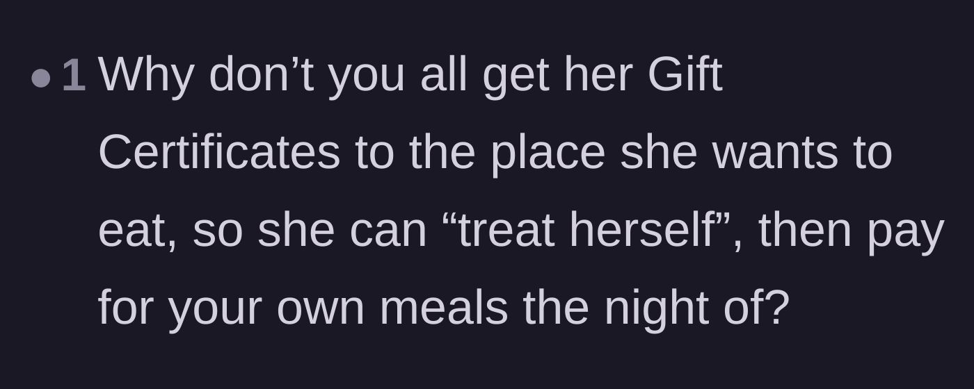 Comment thread 5 - A user suggests giving the birthday girl a gift card so she can pay the difference for her expensive tastes.