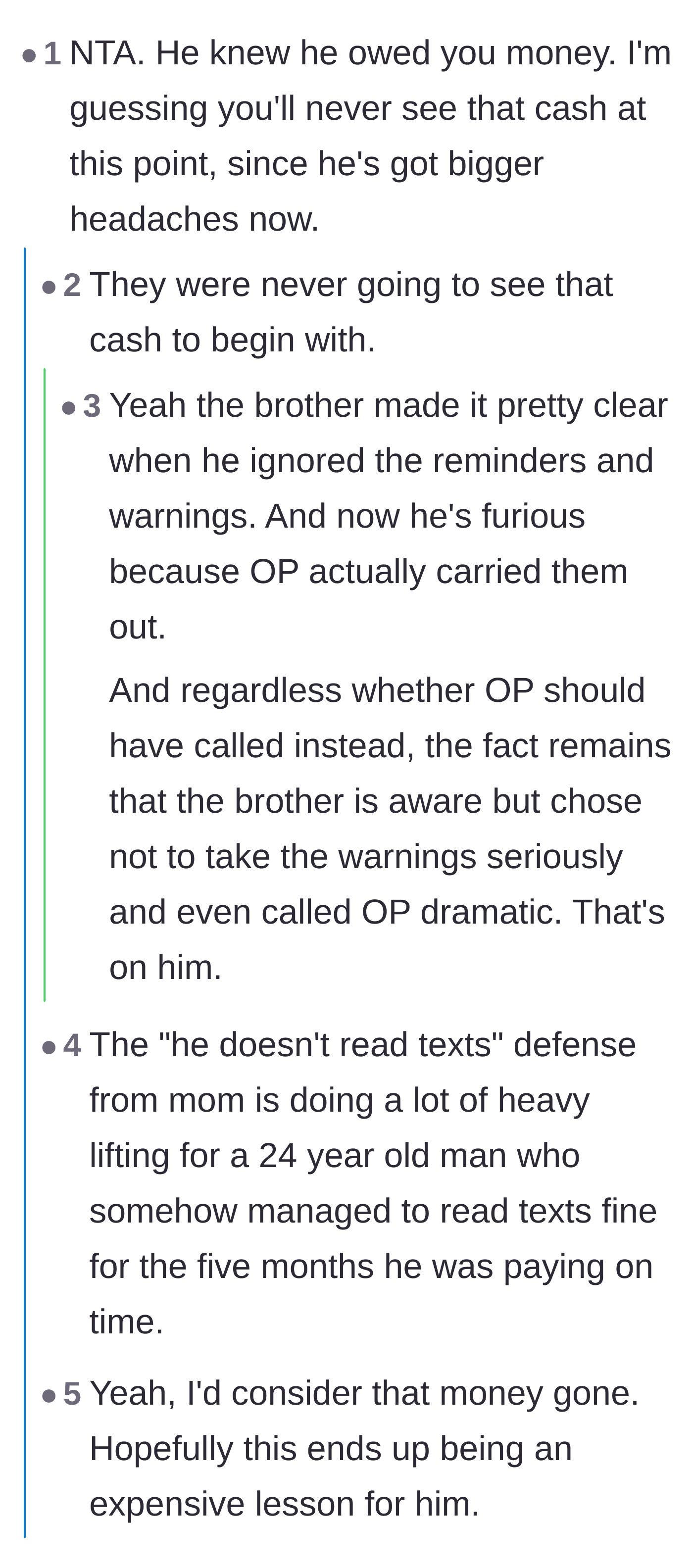 Comment thread 1 - Readers agree the financial debt is lost forever and mock the mother's excuse that a 24-year-old selectively ignores text messages.