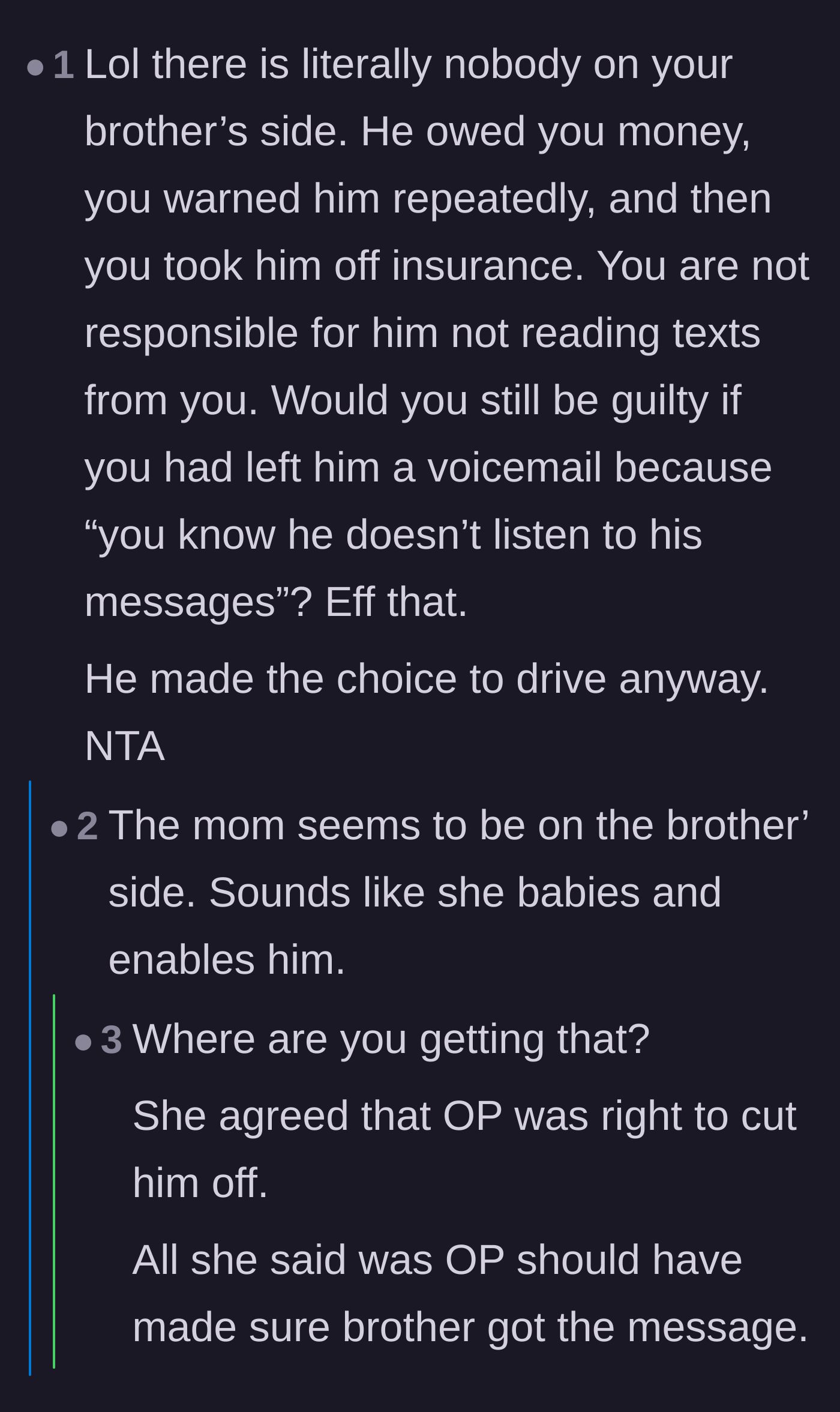 Comment thread 4 - A debate dissecting the mother's attempt to invent a communication loophole just to partially blame the responsible older sibling.