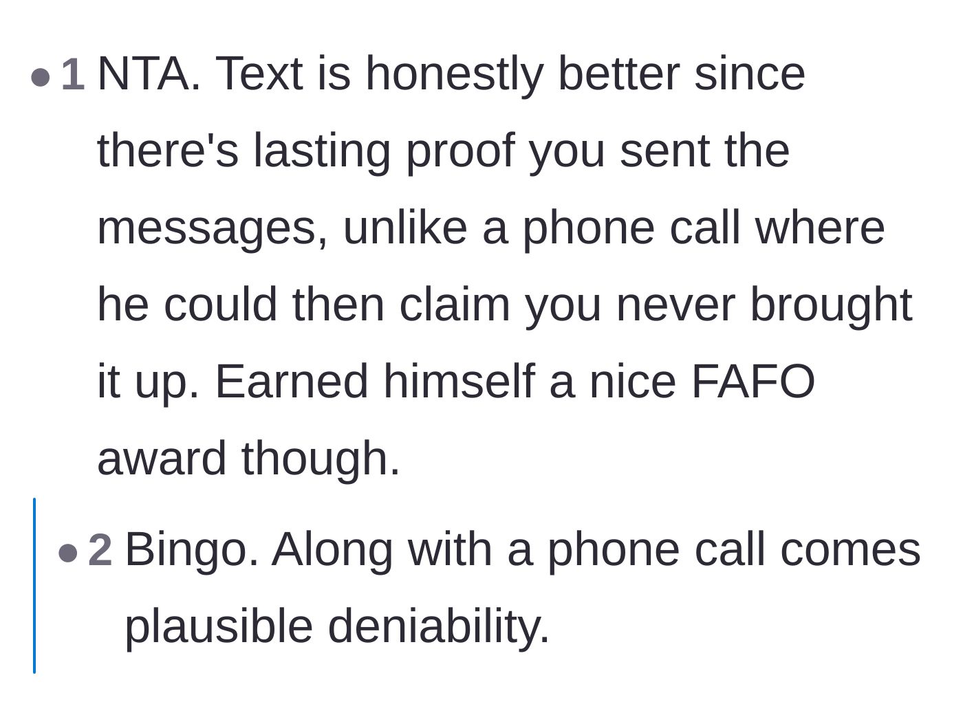 Comment thread 5 - Readers praise the older sibling for using texts to create a permanent record, denying the brother any plausible deniability.