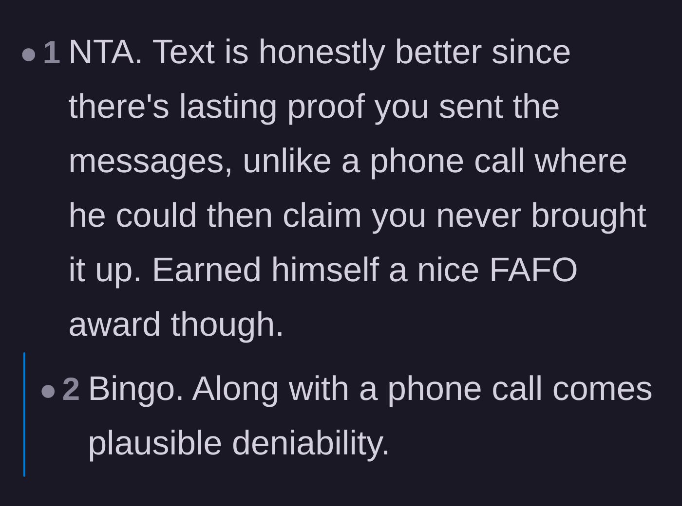 Comment thread 5 - Readers praise the older sibling for using texts to create a permanent record, denying the brother any plausible deniability.
