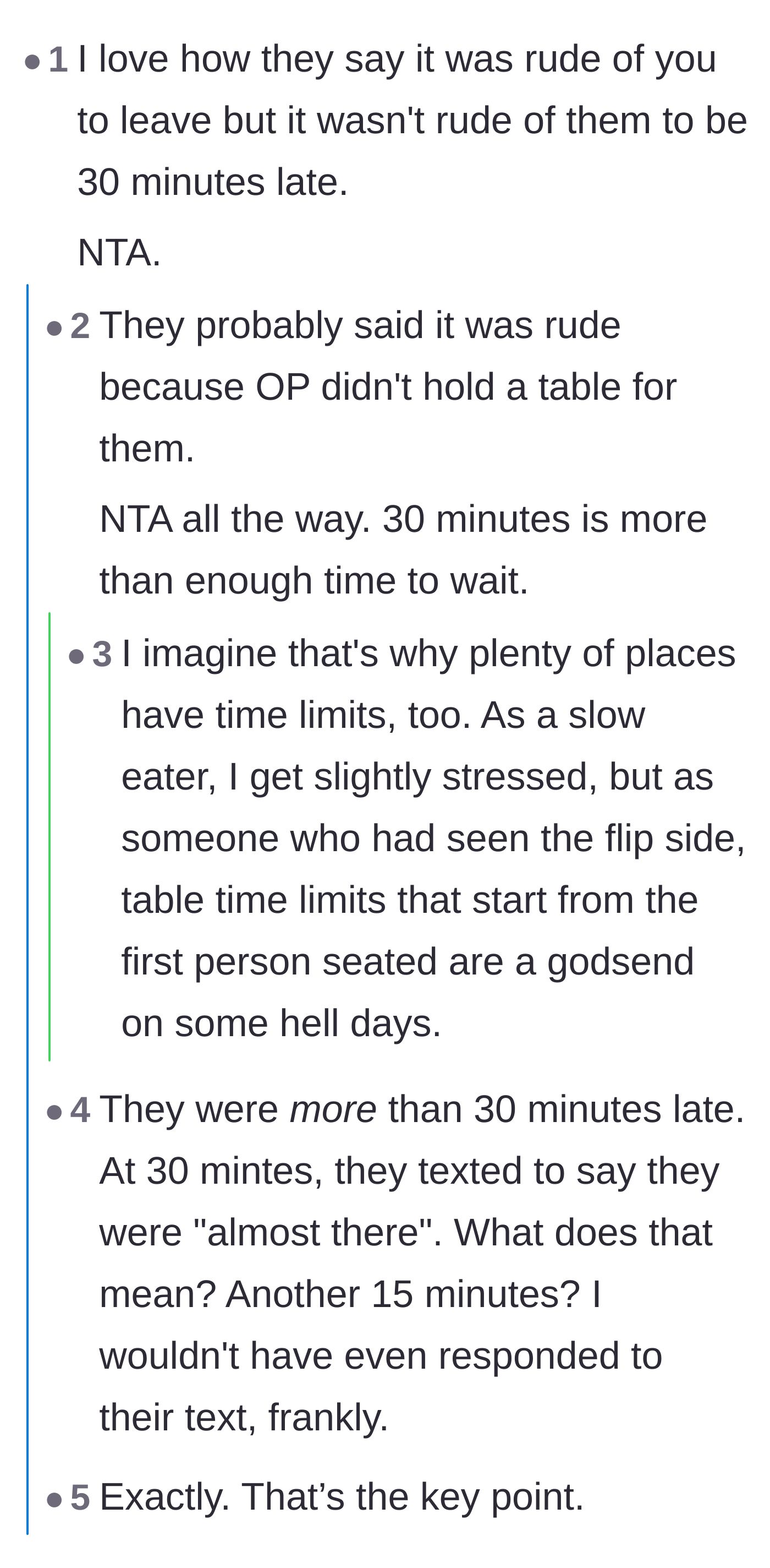 Comment thread 1 - Discussion about the hypocrisy of the friends calling her rude and the stress of holding a table.