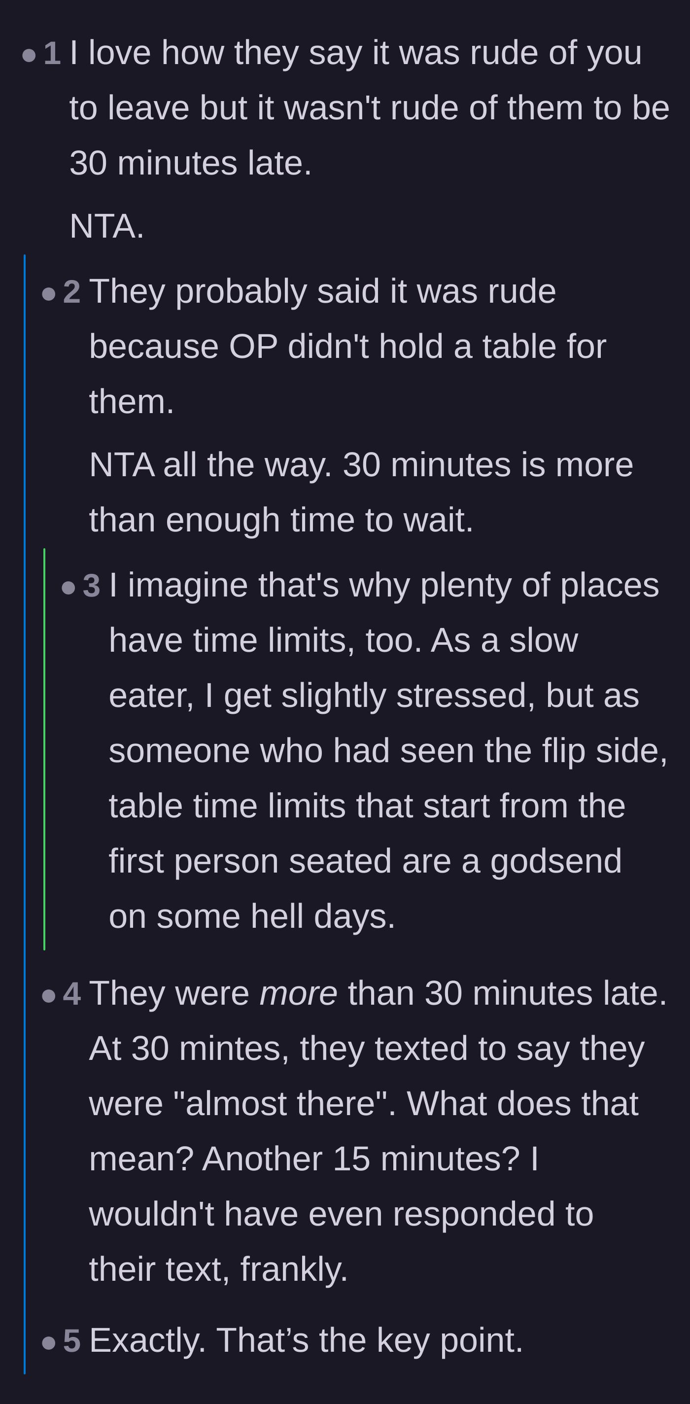 Comment thread 1 - Discussion about the hypocrisy of the friends calling her rude and the stress of holding a table.