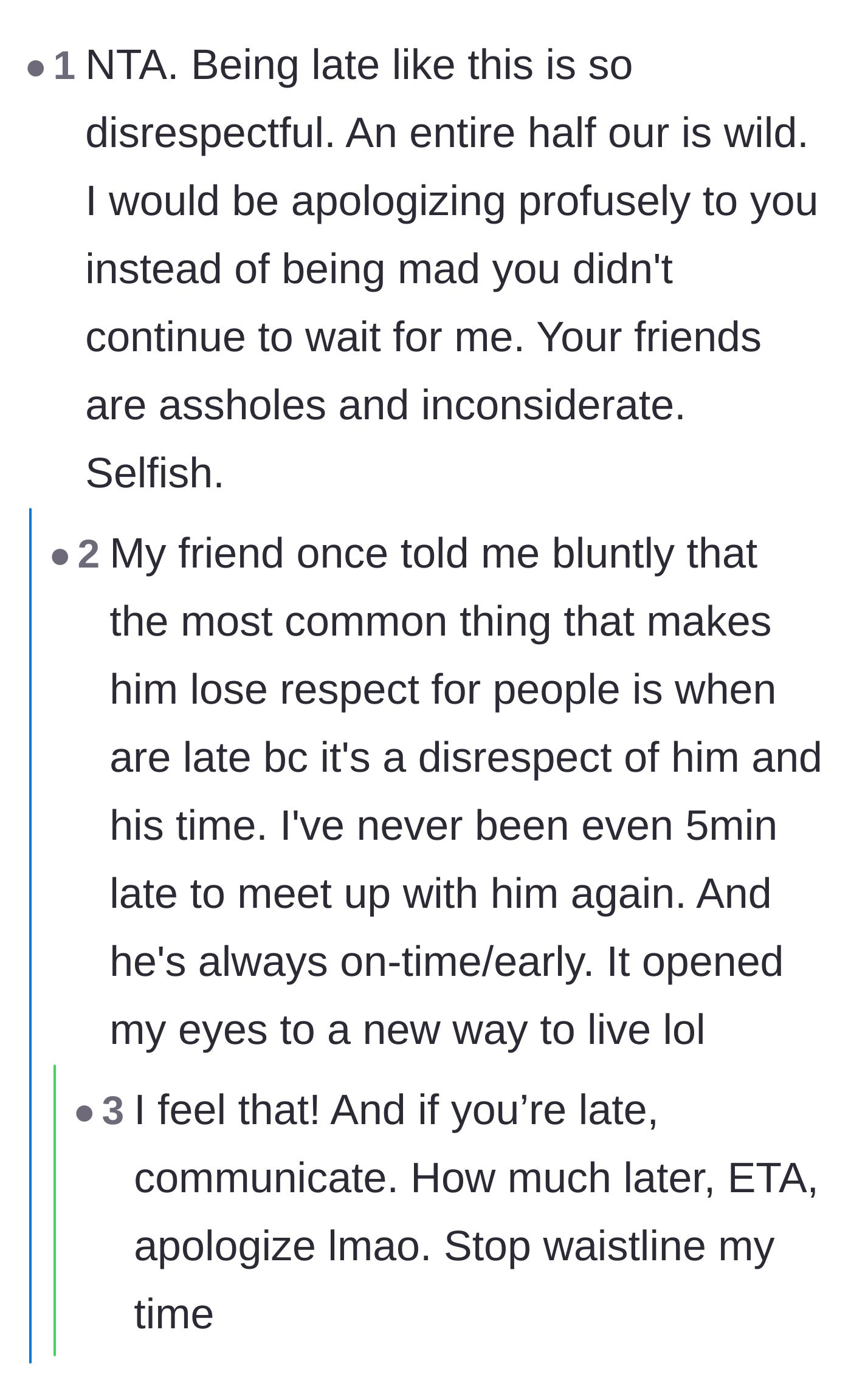 Comment thread 2 - Commenters sharing personal rules about how being late is a massive sign of disrespect.