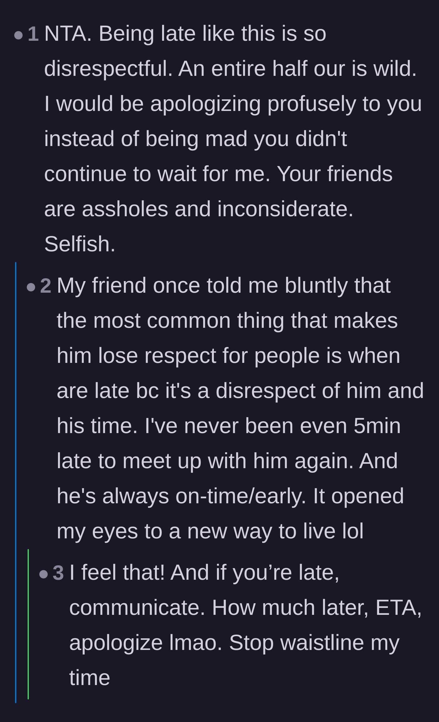 Comment thread 2 - Commenters sharing personal rules about how being late is a massive sign of disrespect.