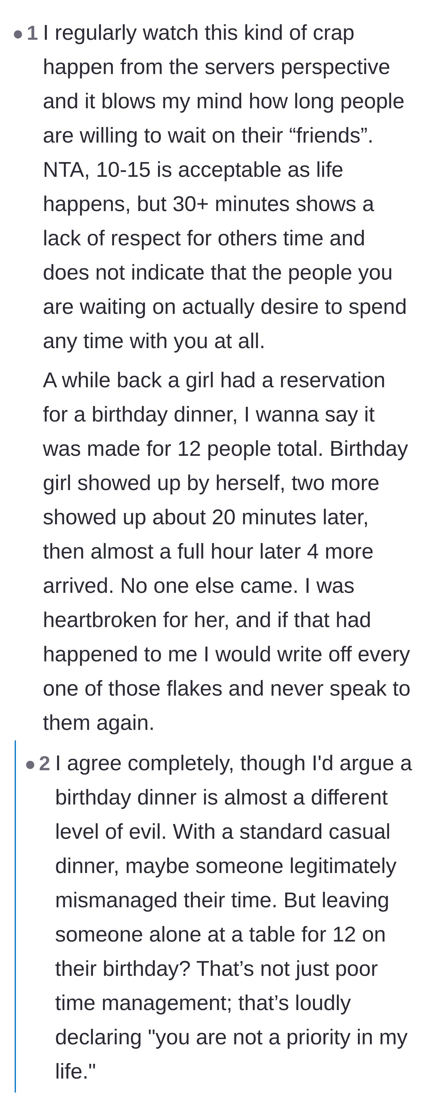 Comment thread 3 - A server shares a heartbreaking story of a girl whose friends left her waiting alone at her own birthday dinner.