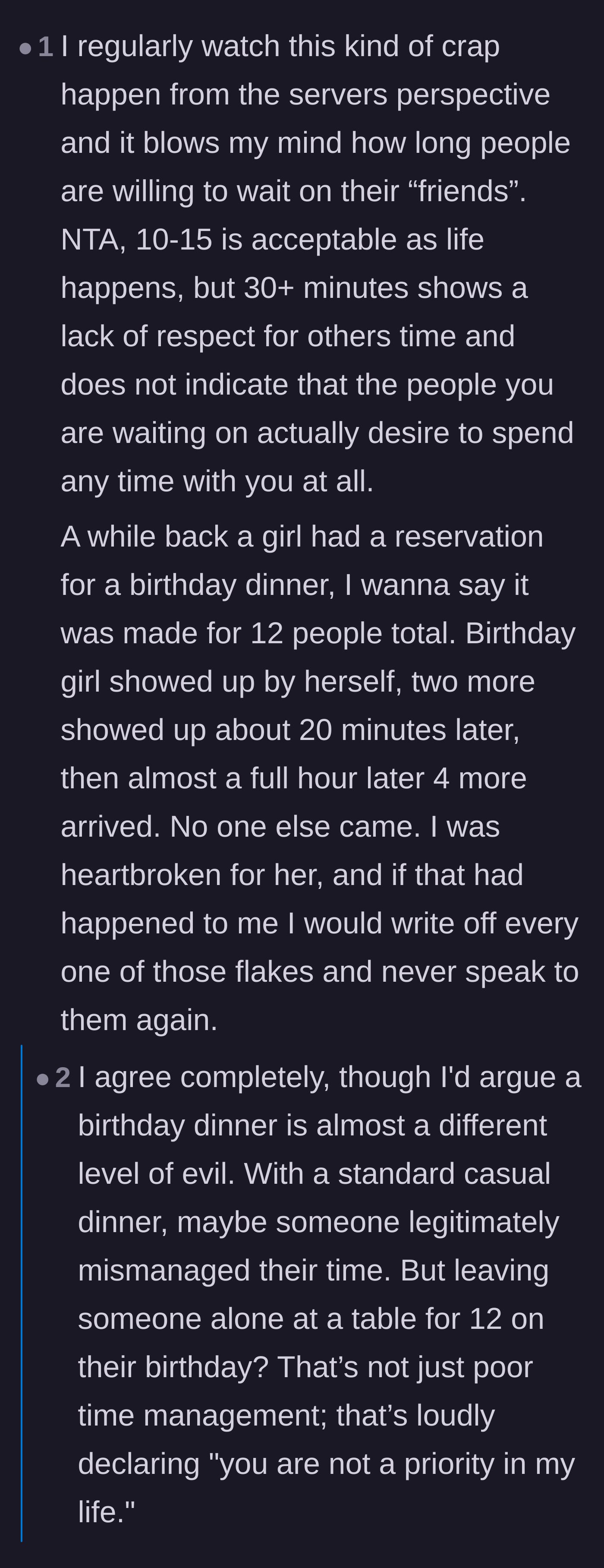 Comment thread 3 - A server shares a heartbreaking story of a girl whose friends left her waiting alone at her own birthday dinner.