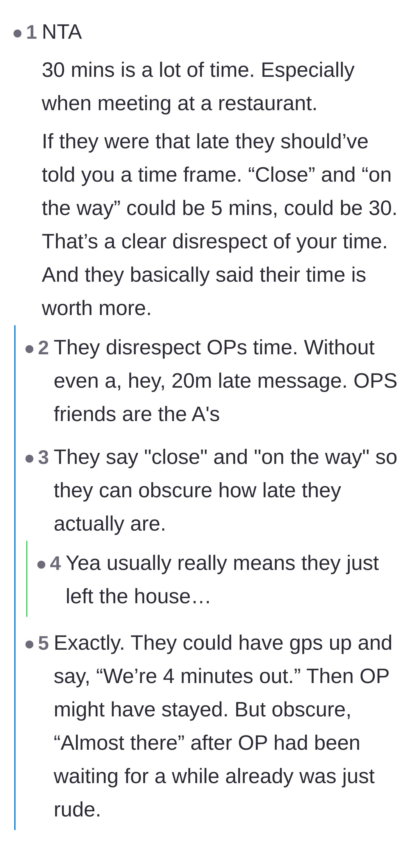 Comment thread 5 - Thread exposing how late people use vague phrases like 'close' to hide how tardy they actually are.