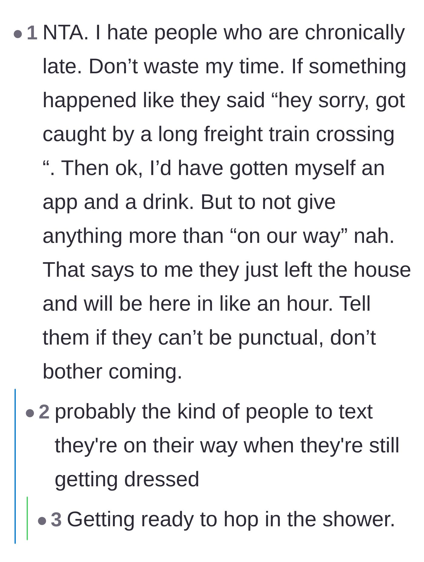 Comment thread 6 - Commenters refusing to accept chronically late behavior without a legitimate emergency excuse.