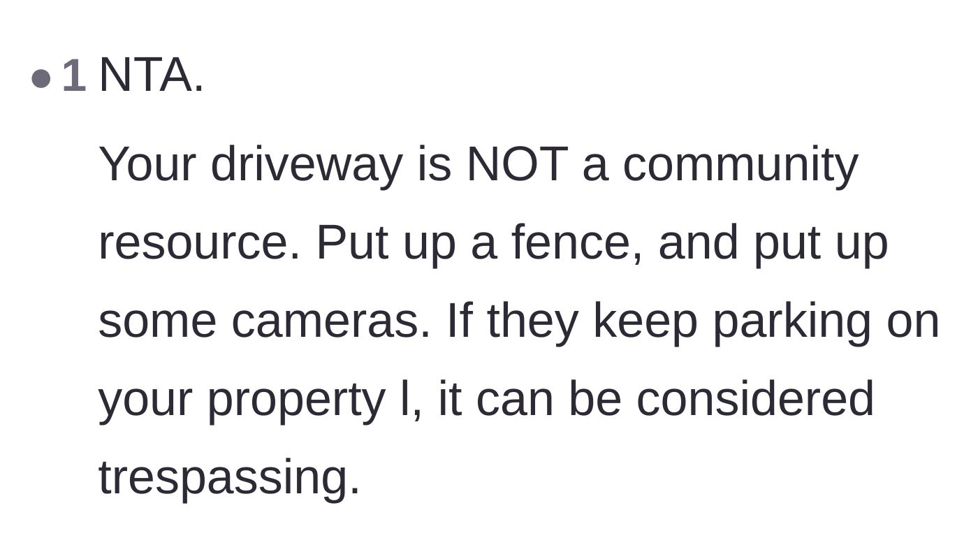 Comment thread 3 - A commenter bluntly stating that the driveway is not a community resource and advising the use of cameras to document trespassing.