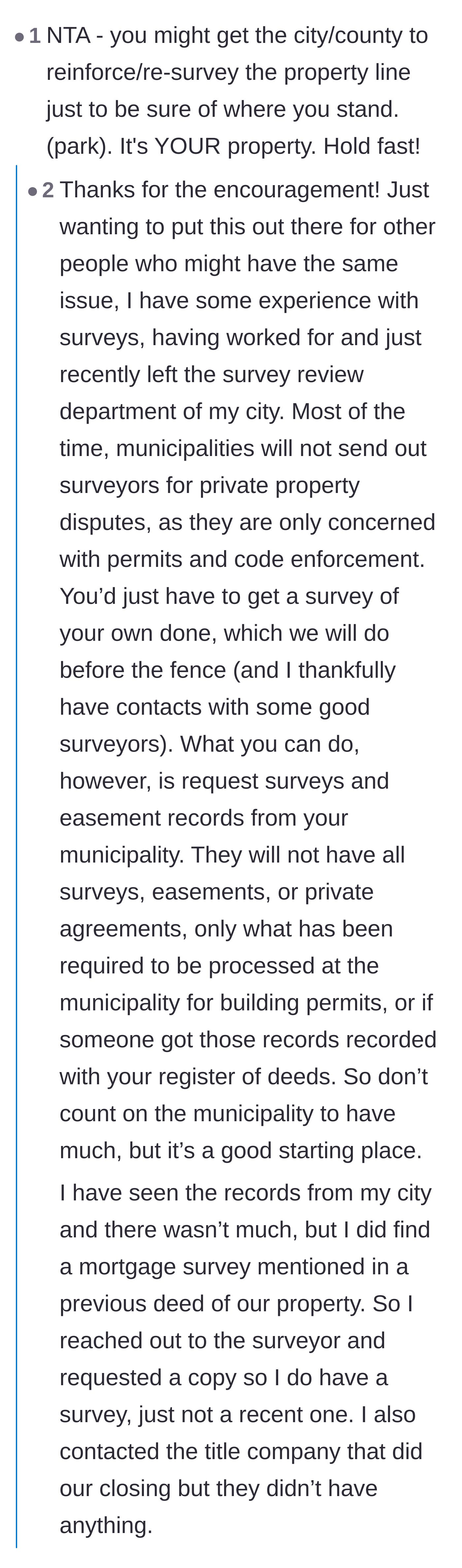 Comment thread 5 - A conversation where the homeowner reveals they used to work in the city's survey review department, giving them a distinct advantage.