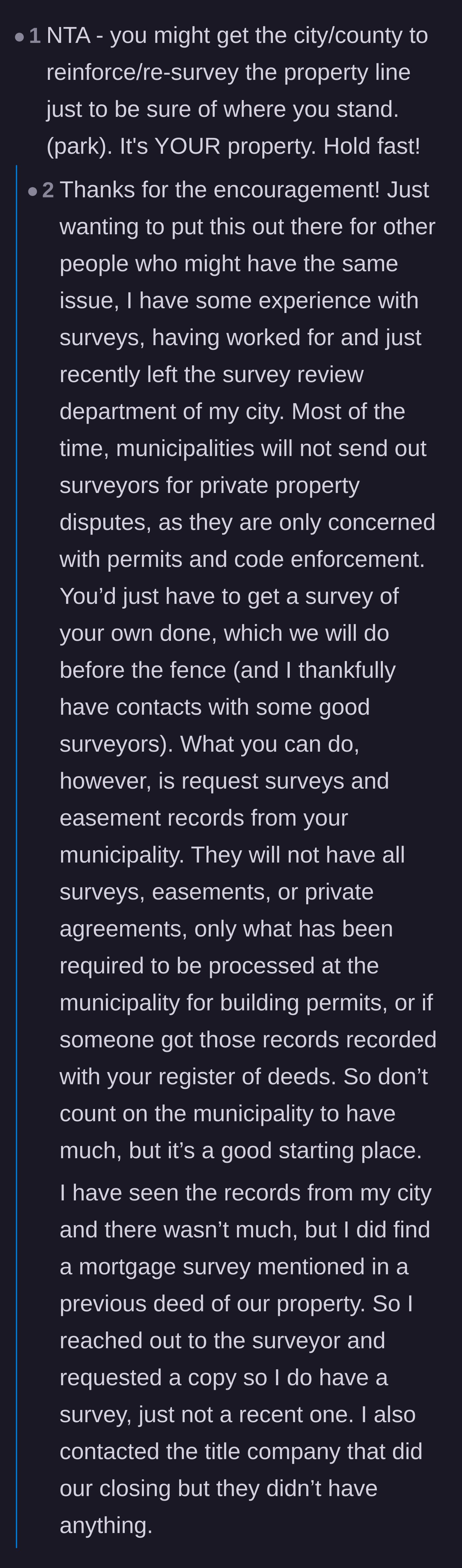 Comment thread 5 - A conversation where the homeowner reveals they used to work in the city's survey review department, giving them a distinct advantage.