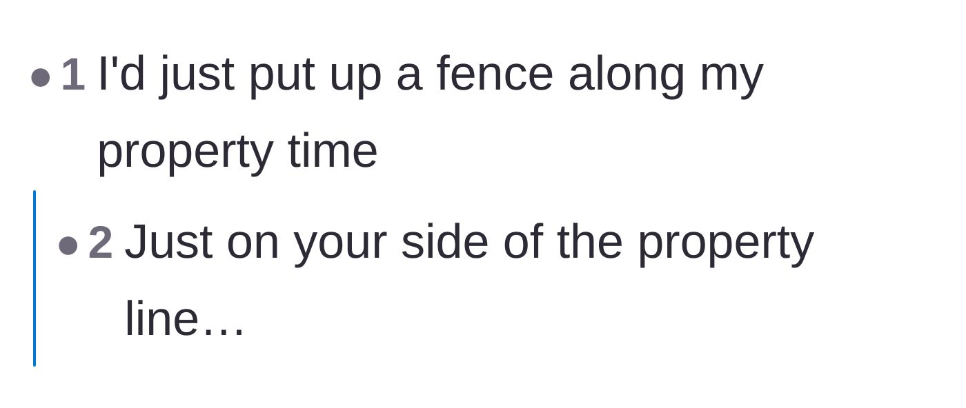 Comment thread 6 - A brief exchange reminding the homeowner to ensure the new fence is built strictly on their side of the property line.