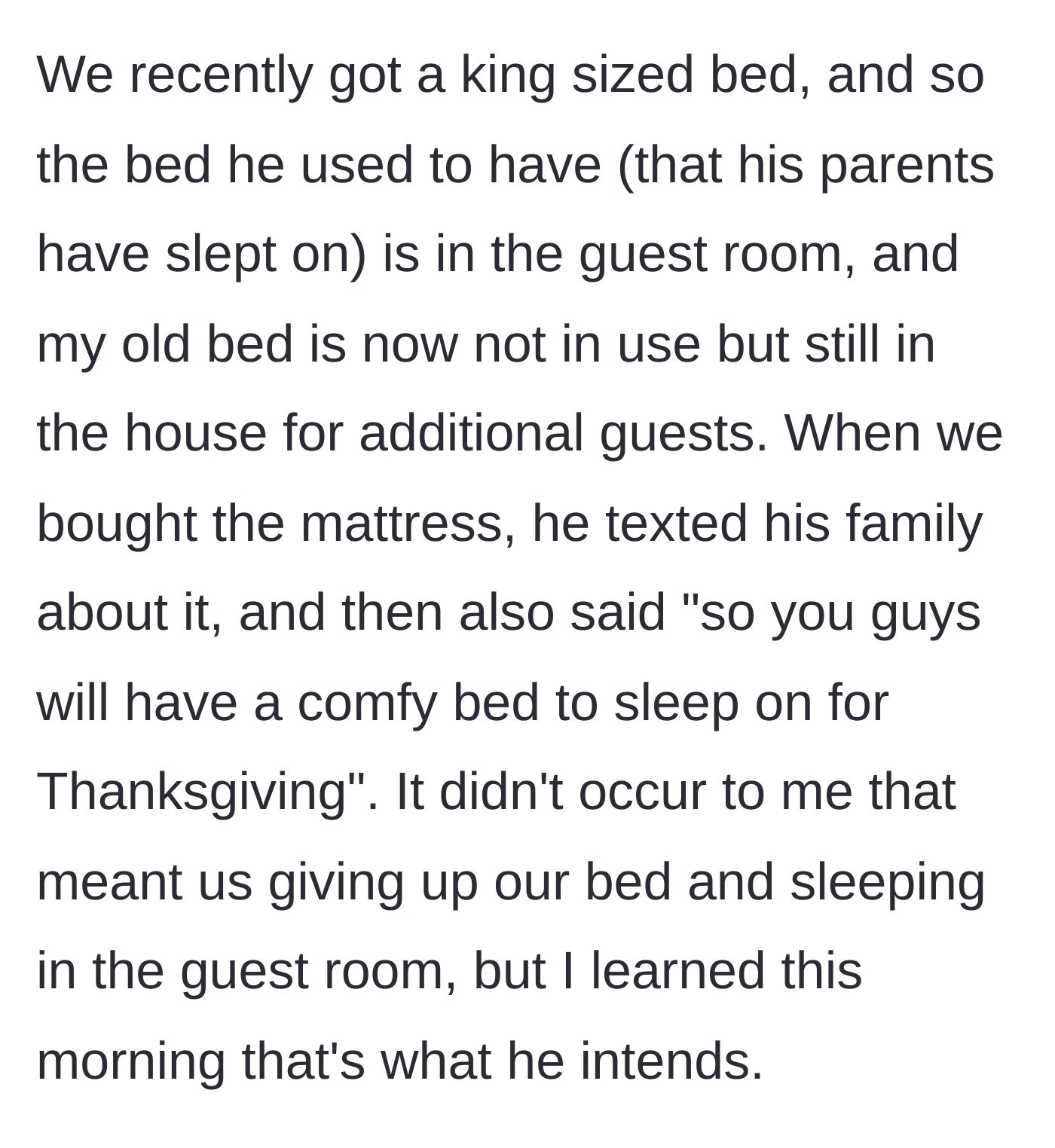 Story part 3 - The fiancé sends a text implying his parents will get the new king bed, shocking his partner.