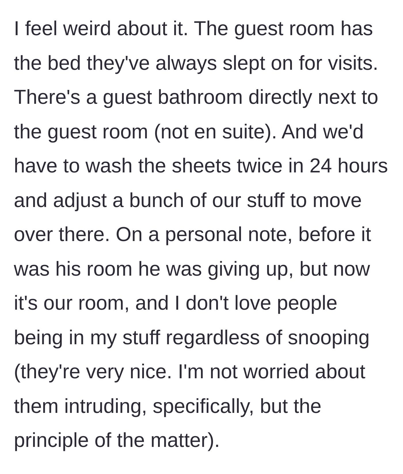 Story part 4 - The author explains the logistical headaches and her discomfort with in-laws in her personal space.