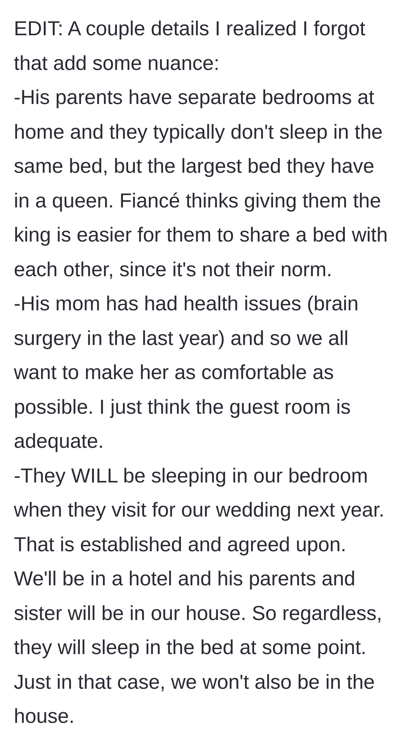 Story part 6 - Added context about the parents' sleeping arrangements, the mother's health, and future wedding plans.