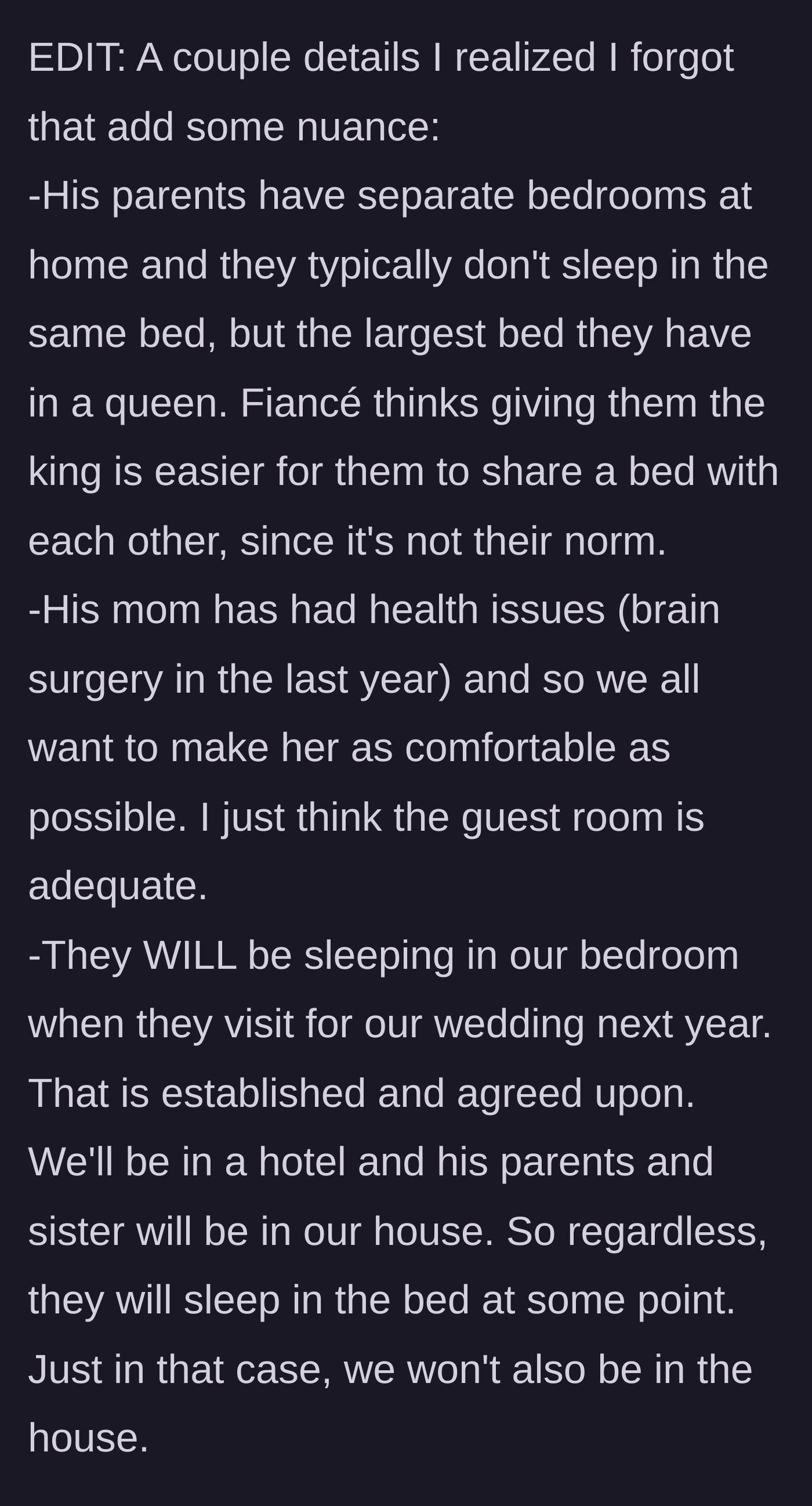 Story part 6 - Added context about the parents' sleeping arrangements, the mother's health, and future wedding plans.