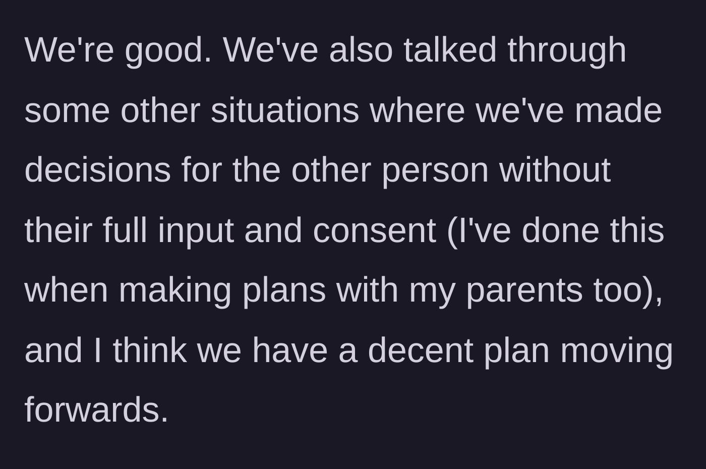 Story part 9 - They agree on a plan moving forward and acknowledge past mistakes on both sides.