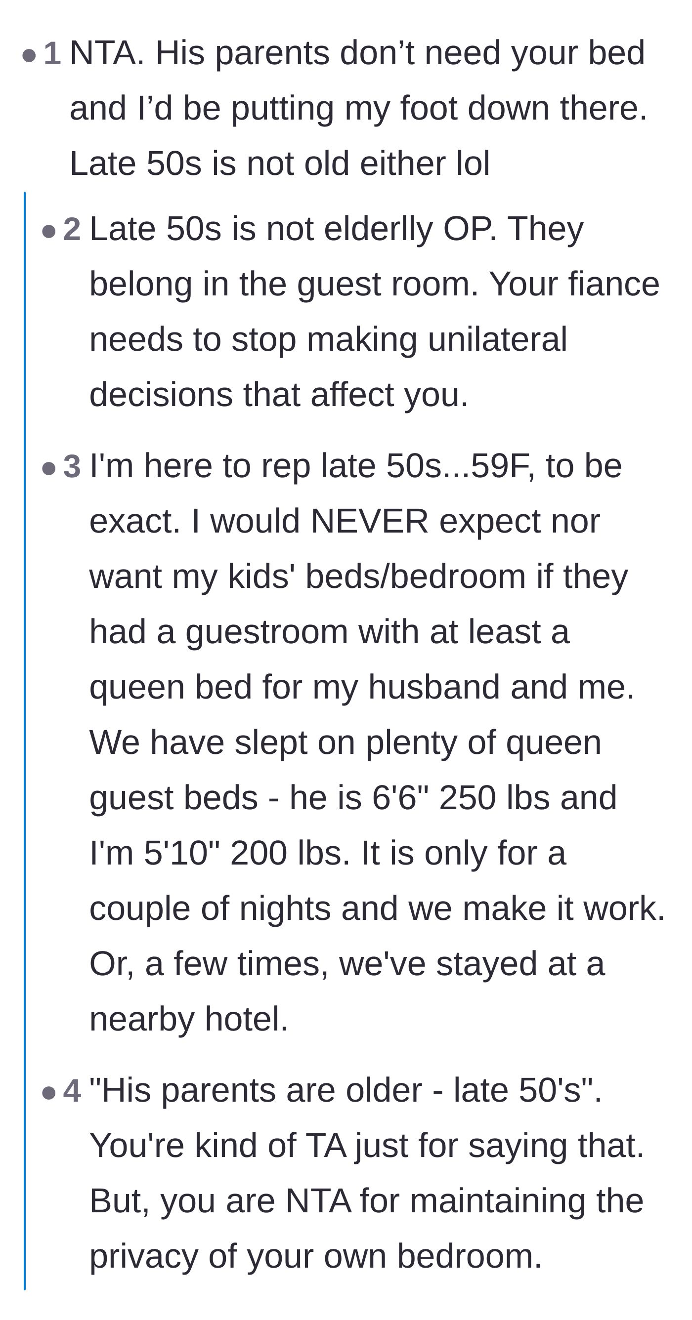 Comment thread 1 - Readers in their 50s and 60s humorously protesting the idea that late 50s is elderly or physically incapable.
