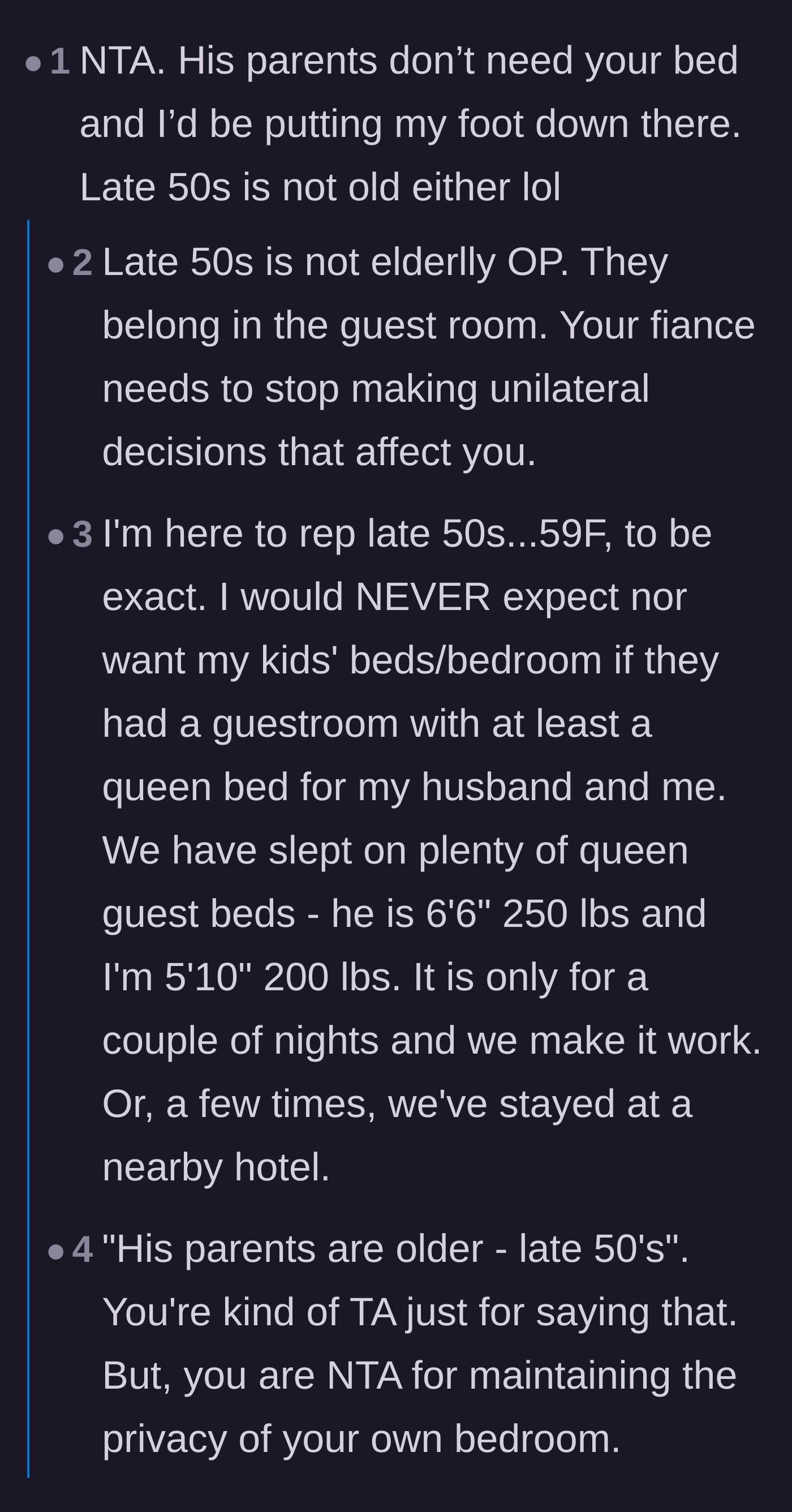 Comment thread 1 - Readers in their 50s and 60s humorously protesting the idea that late 50s is elderly or physically incapable.