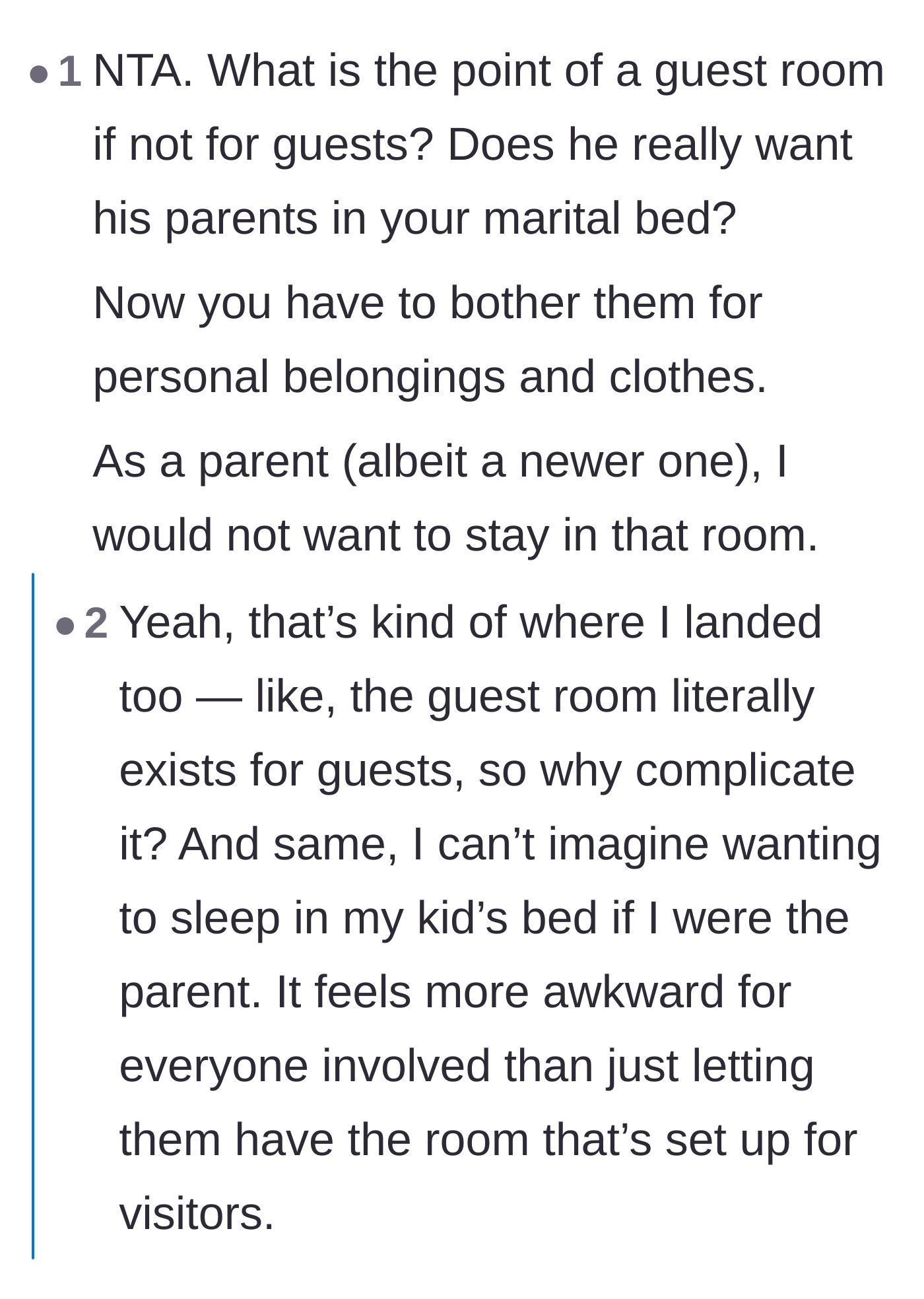 Comment thread 2 - Readers pointing out the awkwardness of parents sleeping in their adult child's intimate bedroom.